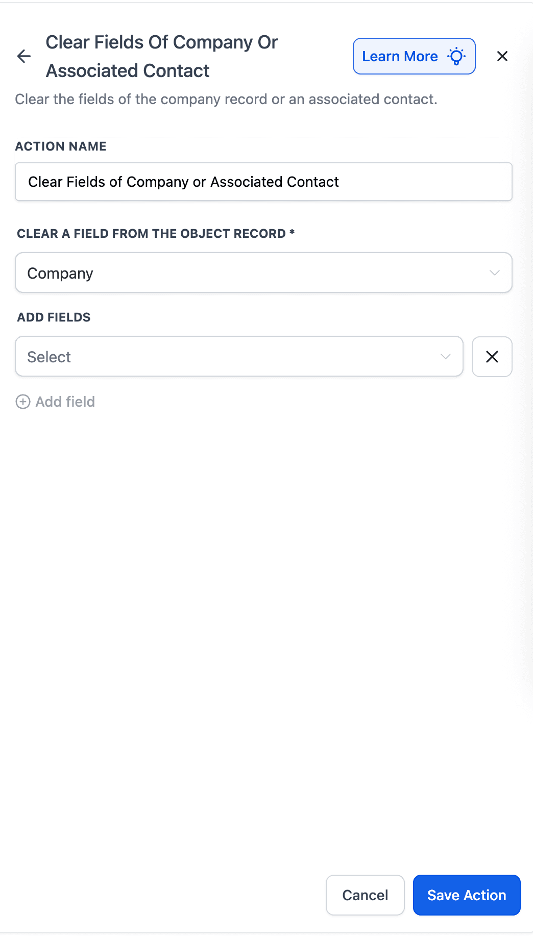 Schermata 1 — Azione Workflow - Cancella Campi dell'Azienda o del Contatto Associato