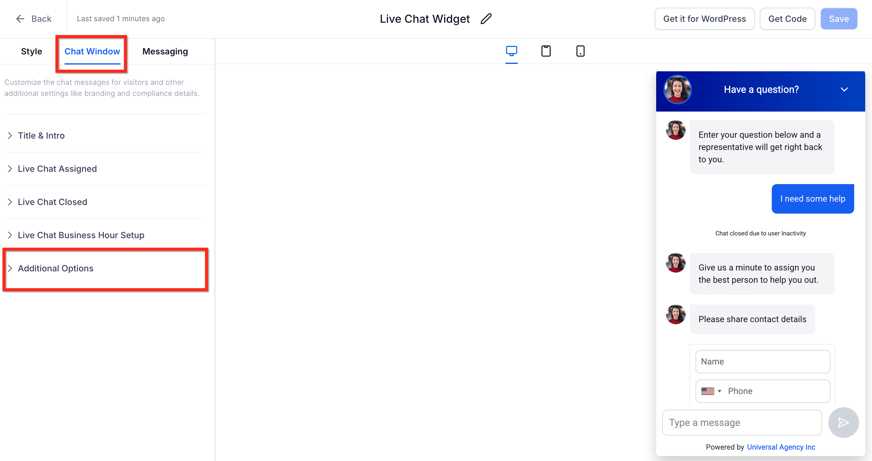 Schermata 2 — Opzione Suono di Notifica nei Chat Widget