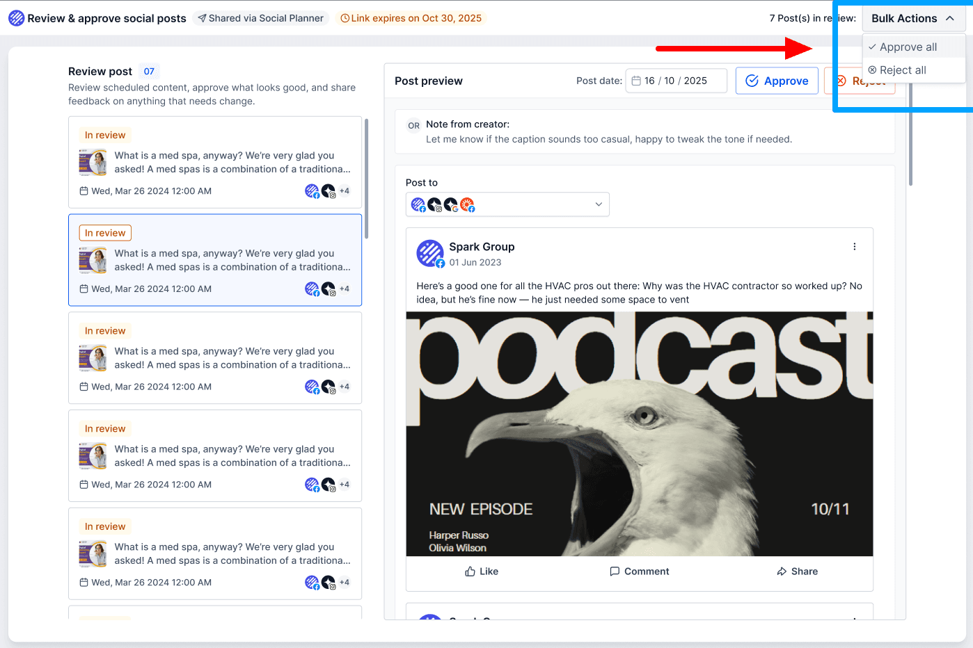Schermata 7 — Flusso di Approvazione con Link Esterno nel Social Planner