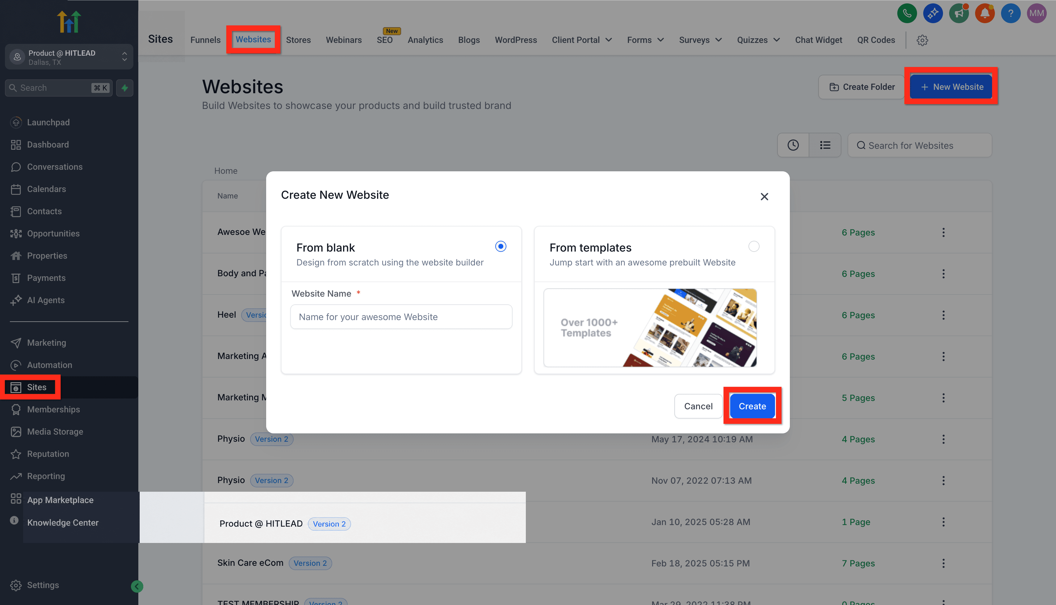 Schermata 1 — Inizia con HITLEAD - Crea un Sito Web da Template