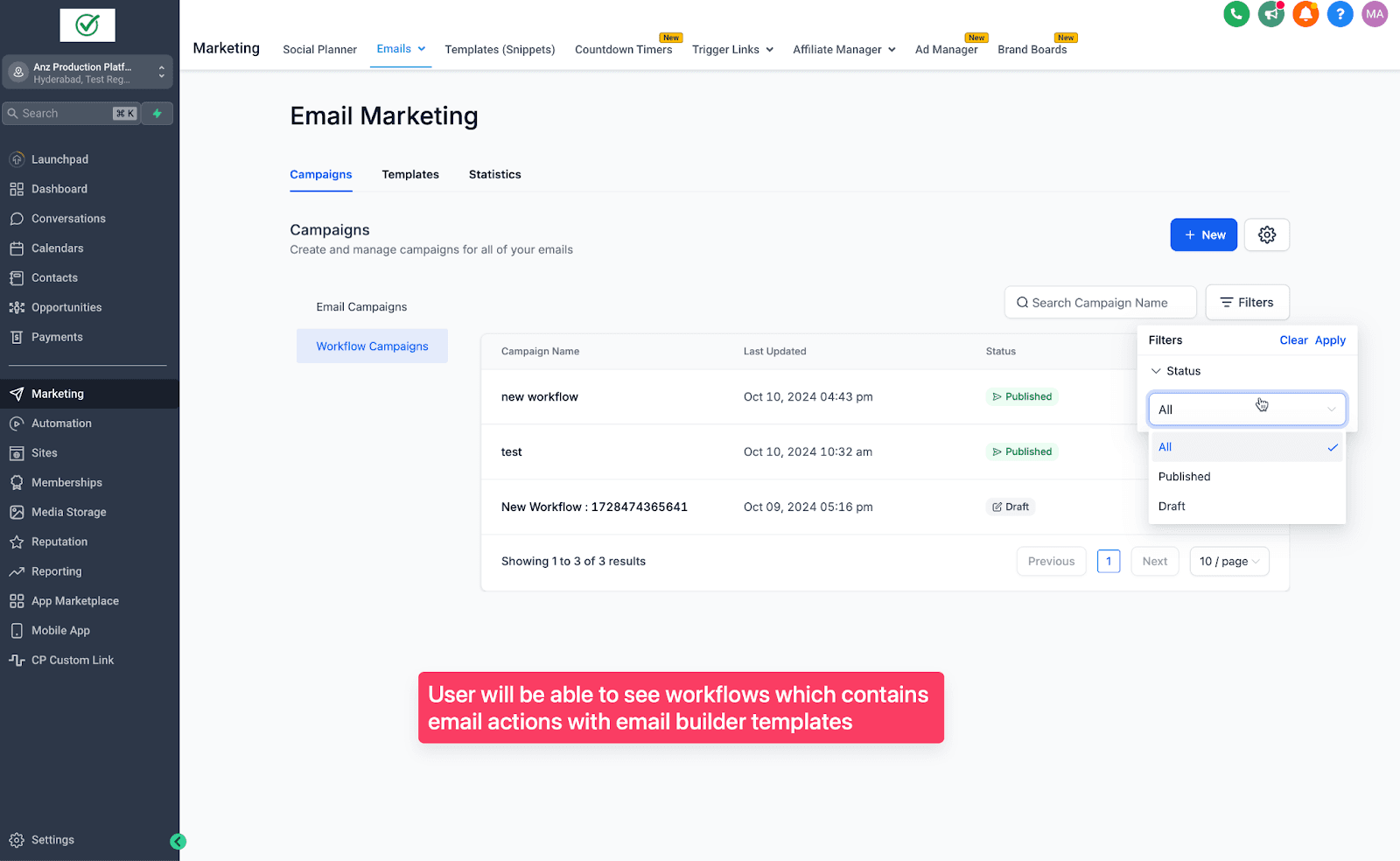 Schermata 3 — Azioni Email del Workflow Incluse nelle Statistiche