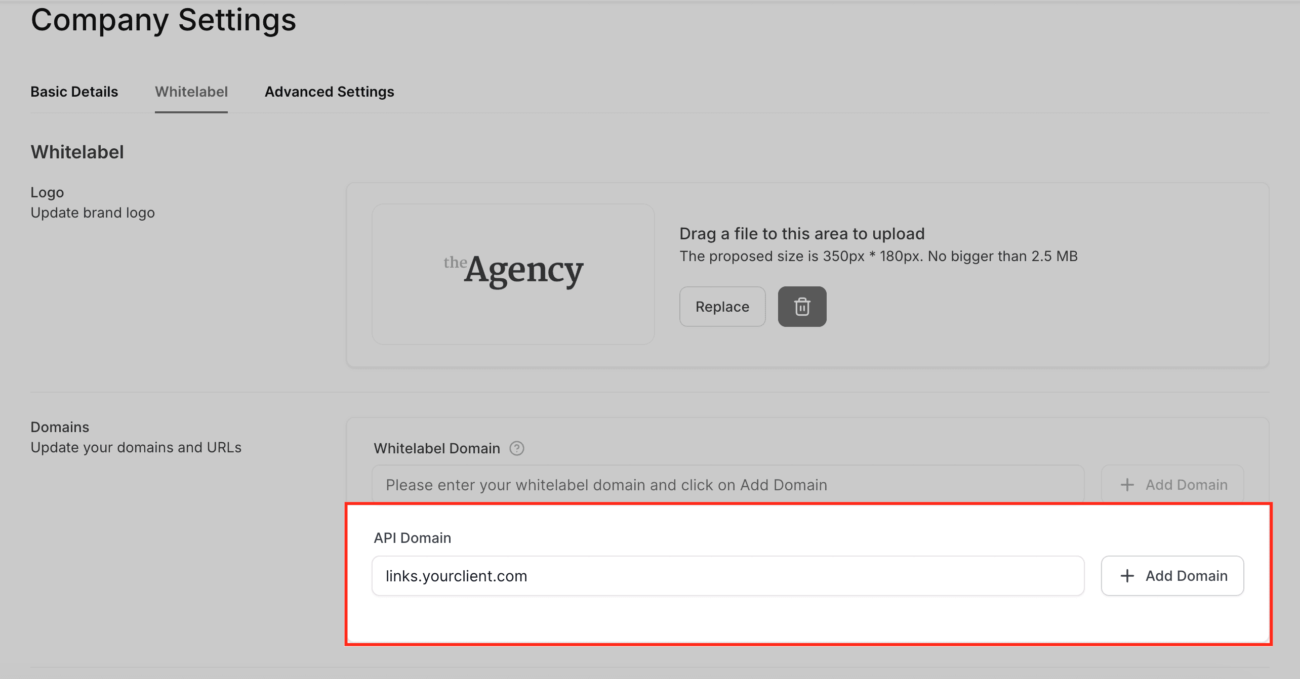 Schermata 2 — Personalizzazione dei Link Generati dal Sistema (Dominio API)