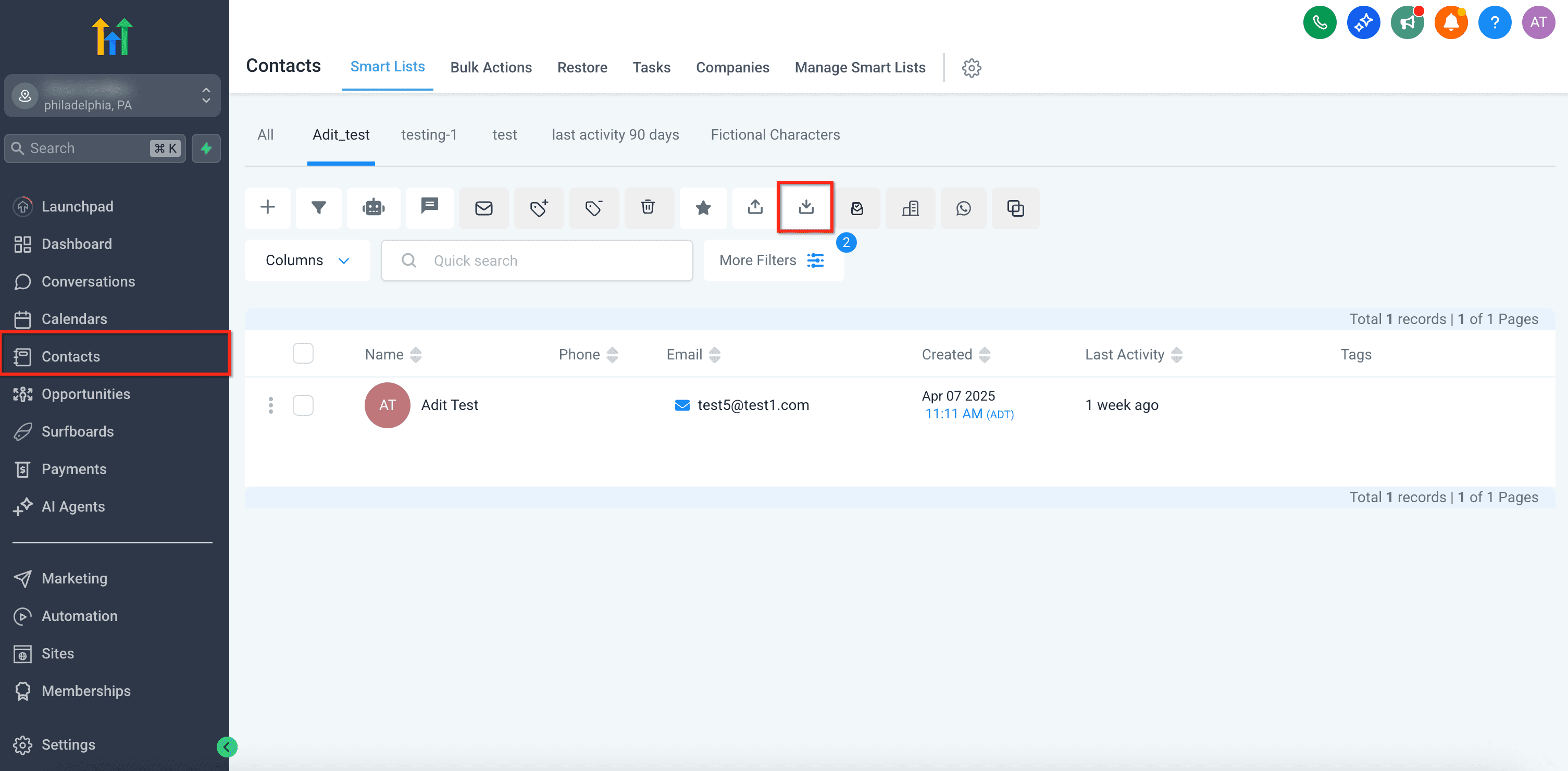Schermata 1 — Importare Contatti tramite file CSV