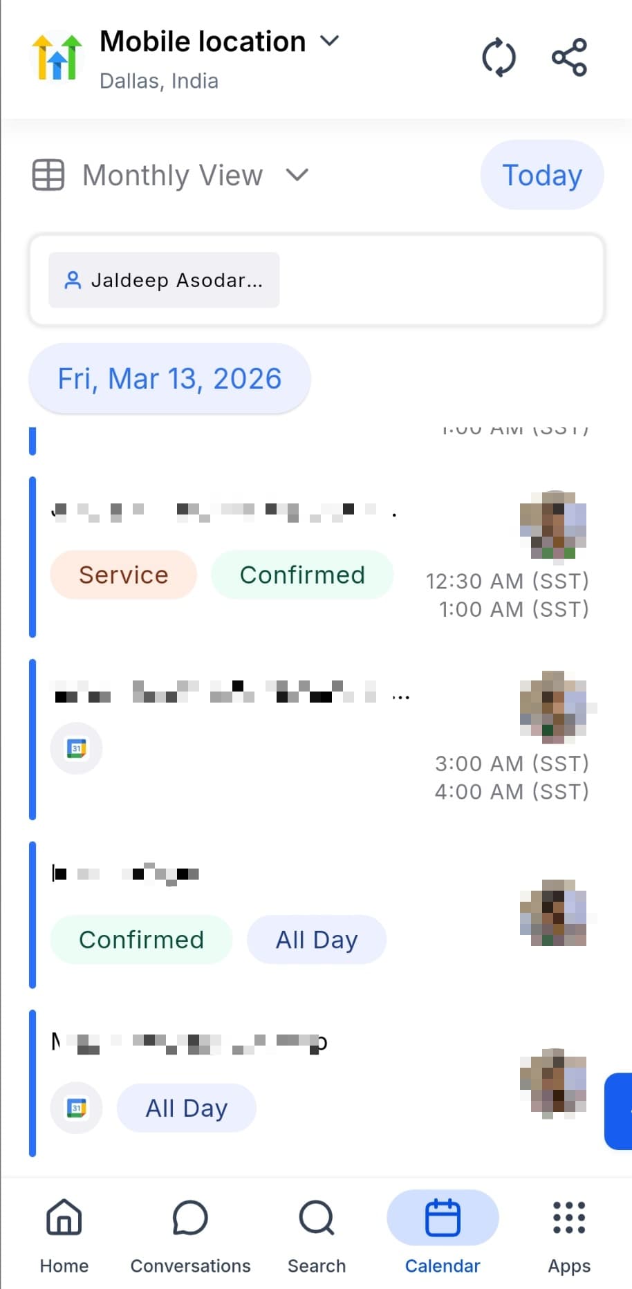 Schermata 1 — Visualizza gli appuntamenti nel tuo fuso orario preferito sull'app mobile