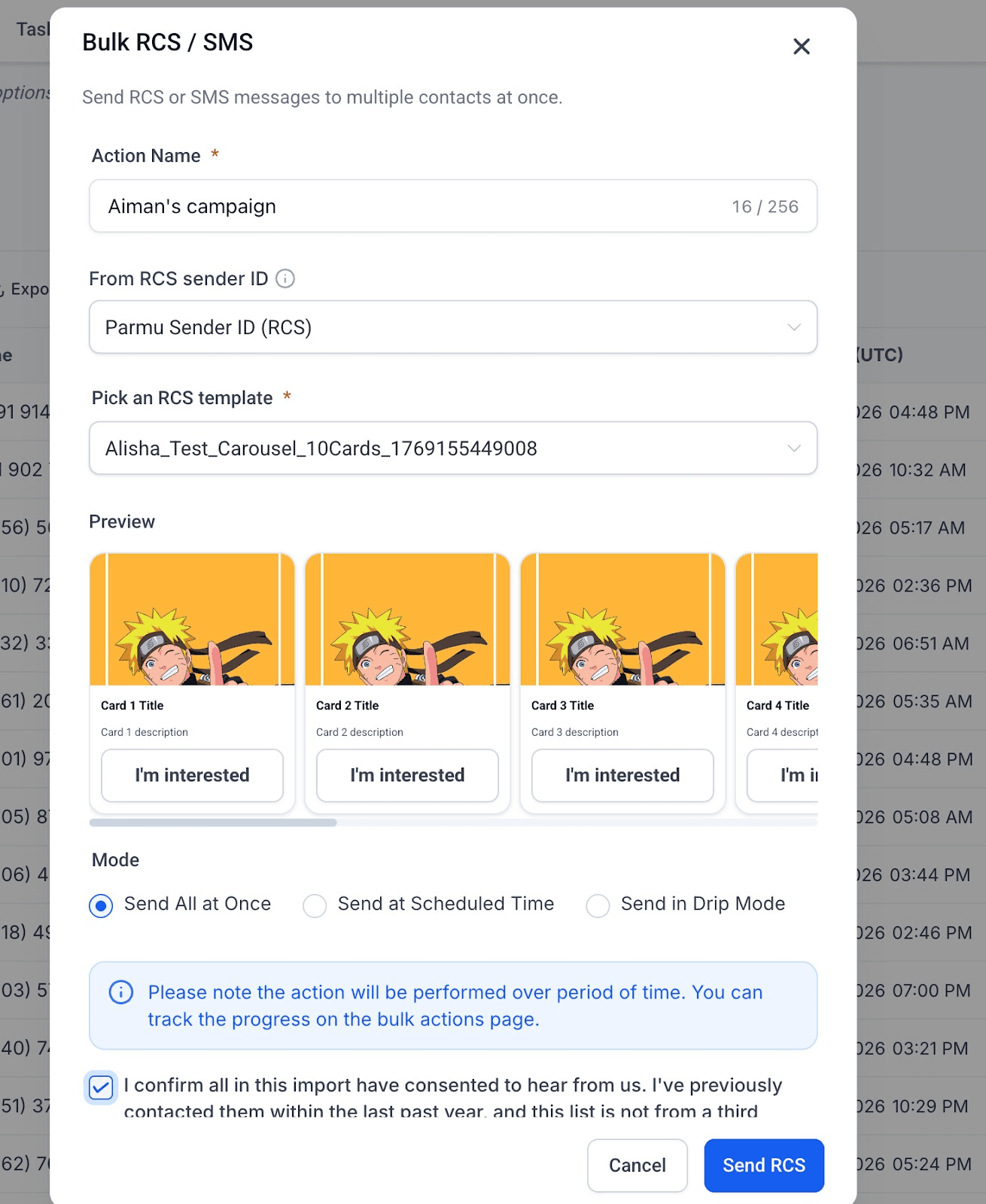 Anteprima del template RCS prima dell'invio
