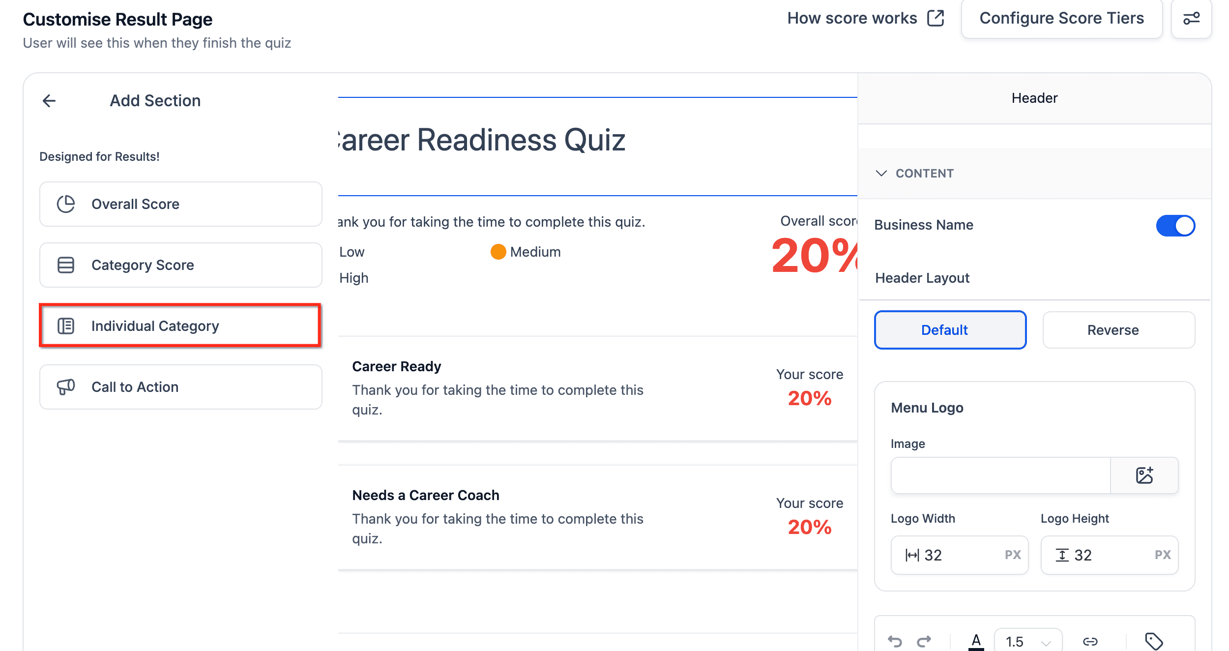 Schermata 4 — Personalizzazione del Risultato per Categoria Individuale nei Quiz di Personalità
