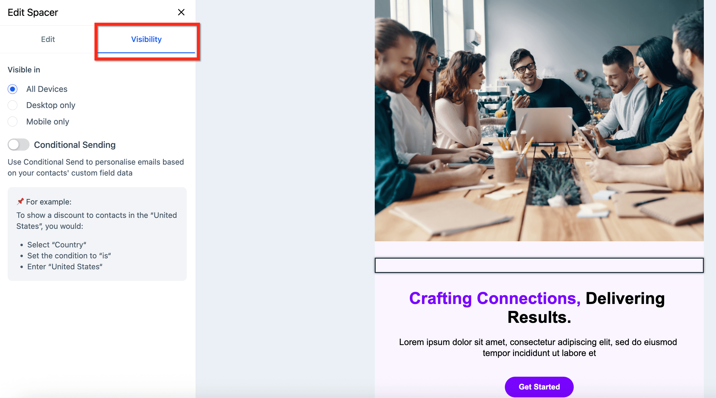 Schermata 5 — Elemento Spacer nell'Email Builder
