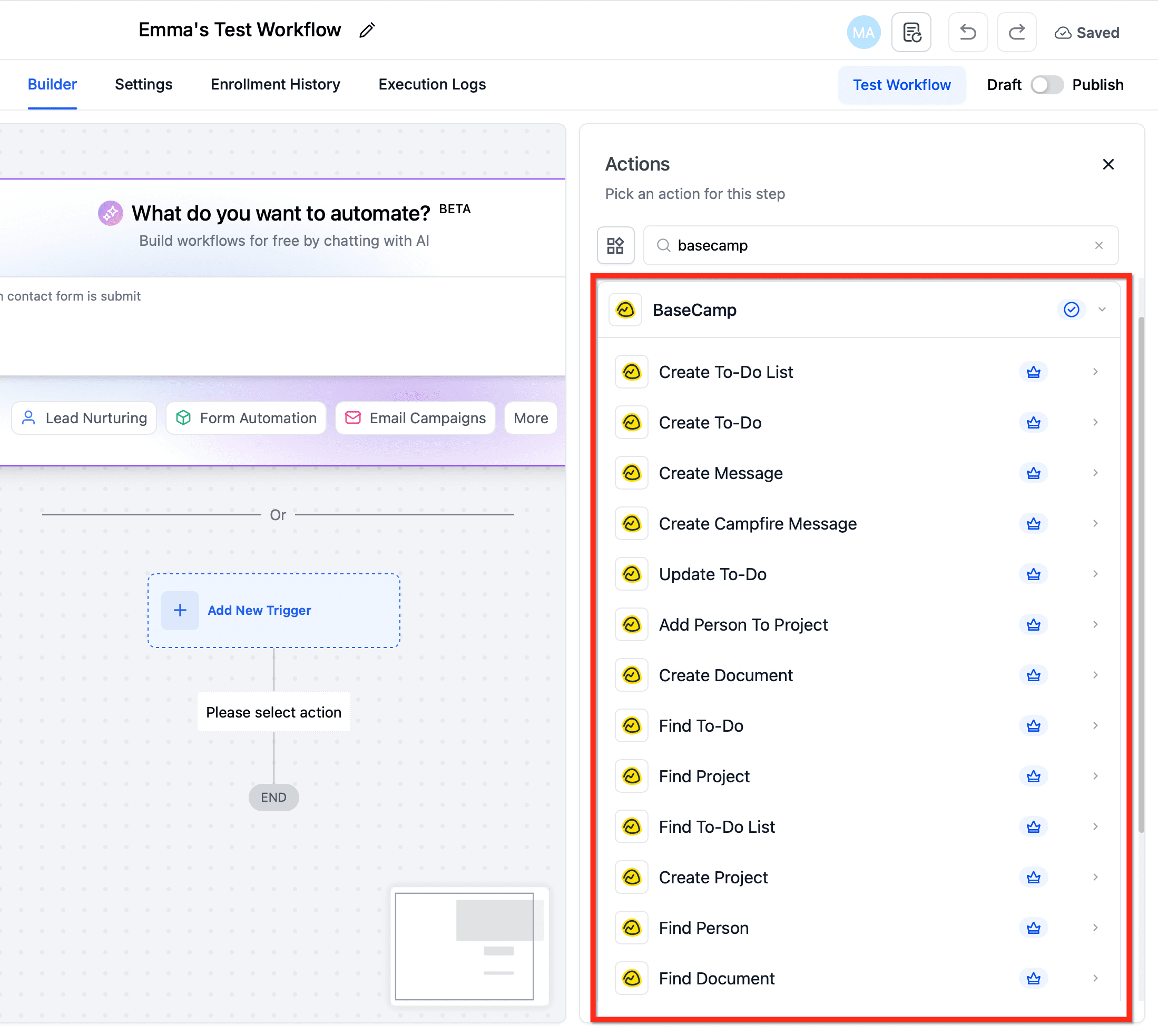 Schermata 6 — Azioni e Trigger di Basecamp nei Workflow