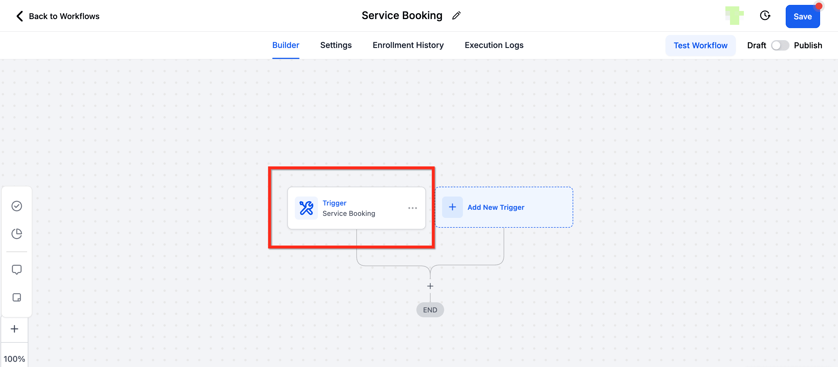 Schermata 1 — Workflow Trigger – Service Booking (Services v2)