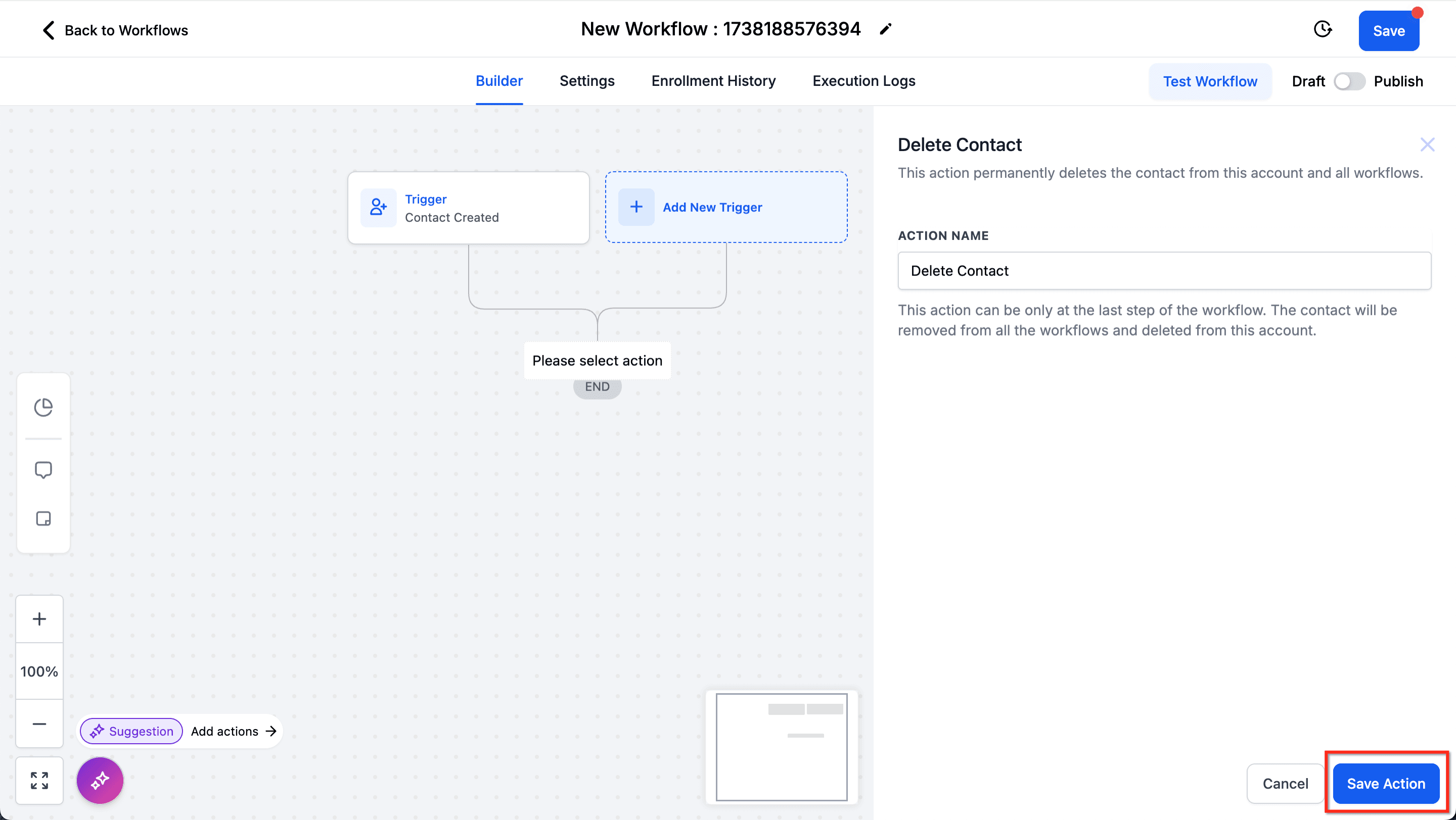 Schermata 4 — Azioni Workflow - Elimina Contatto