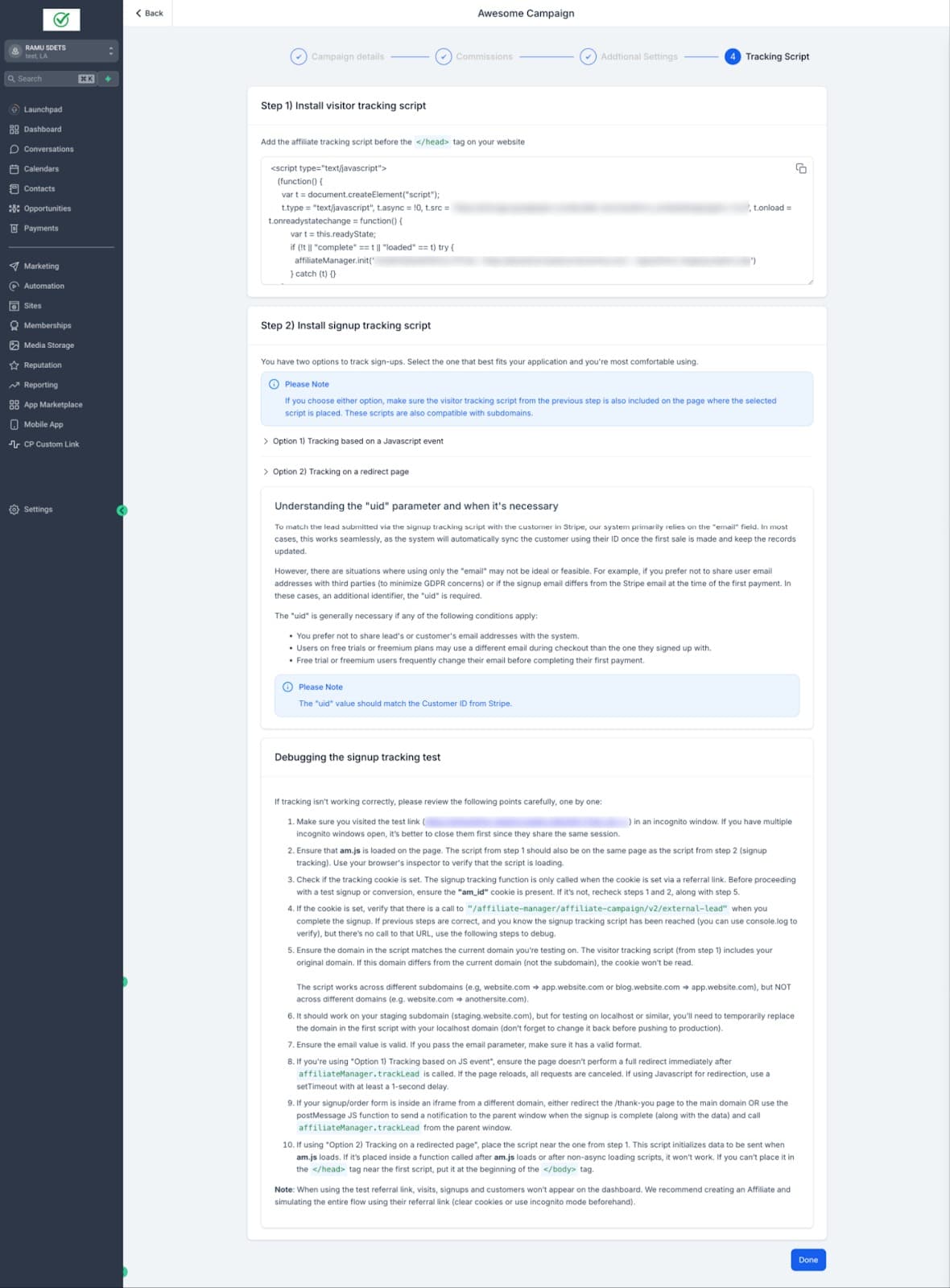 Schermata 5 — Affiliate Manager: Supporto Siti Web Esterni