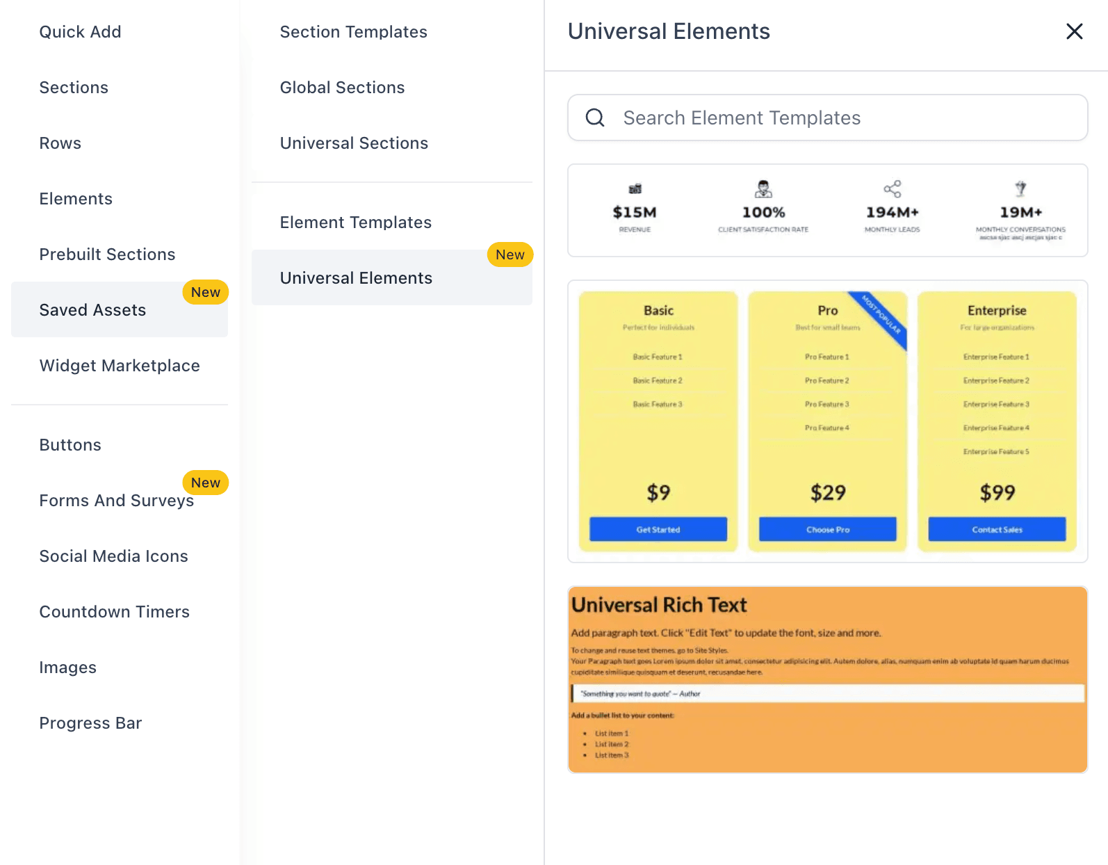 Schermata 7 — Elementi Universali nel Page Builder di HITLEAD