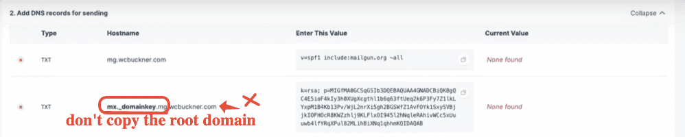 Esempio del valore del nome host da copiare per il record DKIM