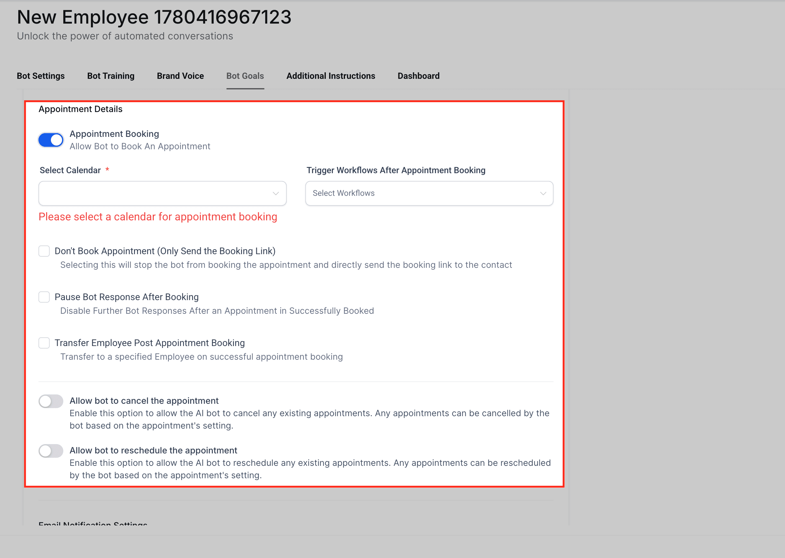 Schermata 9 — Come configurare i Bot Goals in Conversation AI
