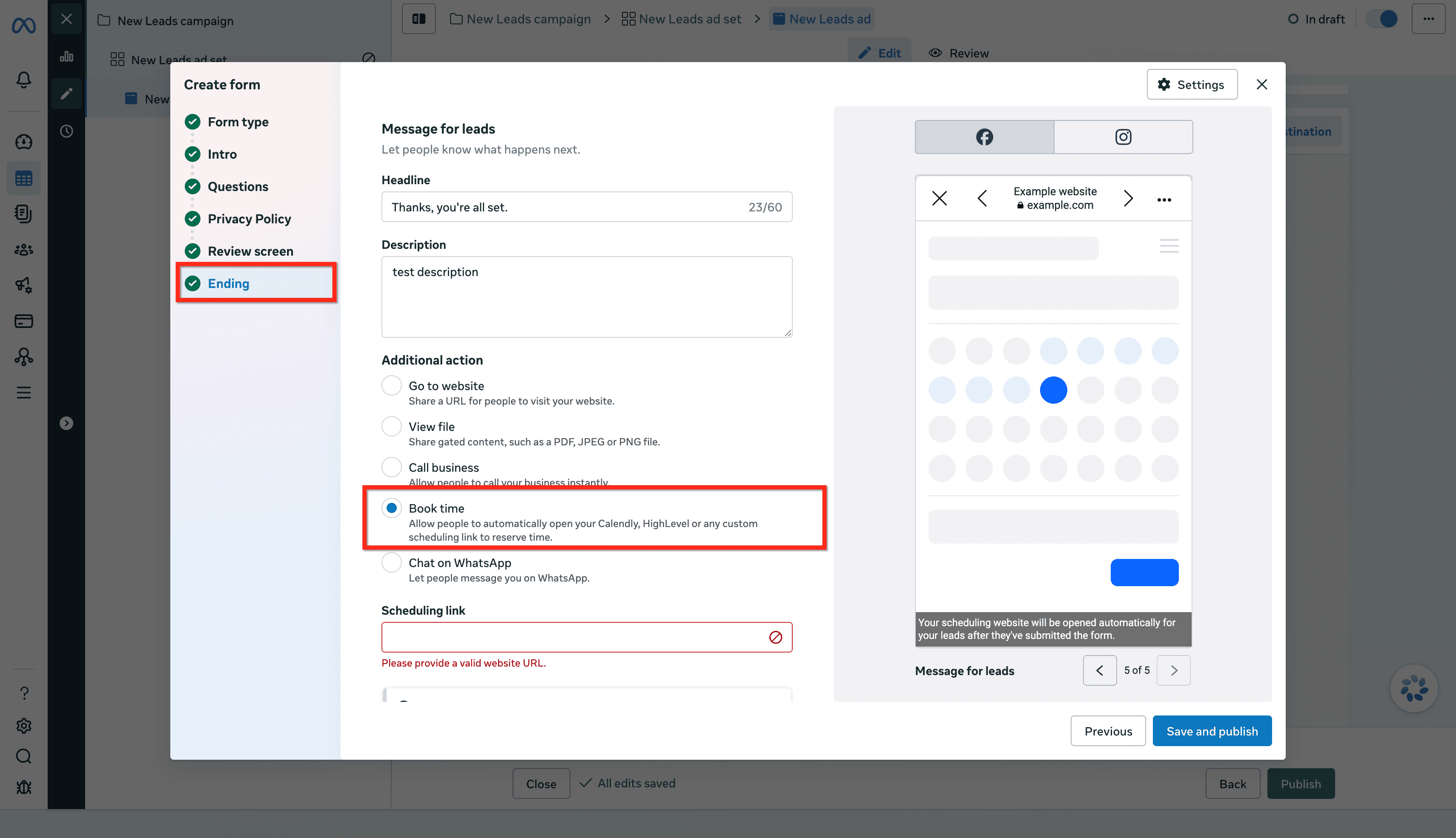 Schermata 6 — Usa la prenotazione calendario HITLEAD incorporata per Facebook Lead Ads
