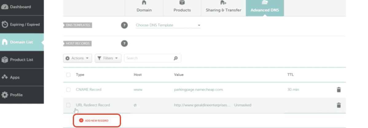 Pulsante Add New Record in Namecheap Advanced DNS