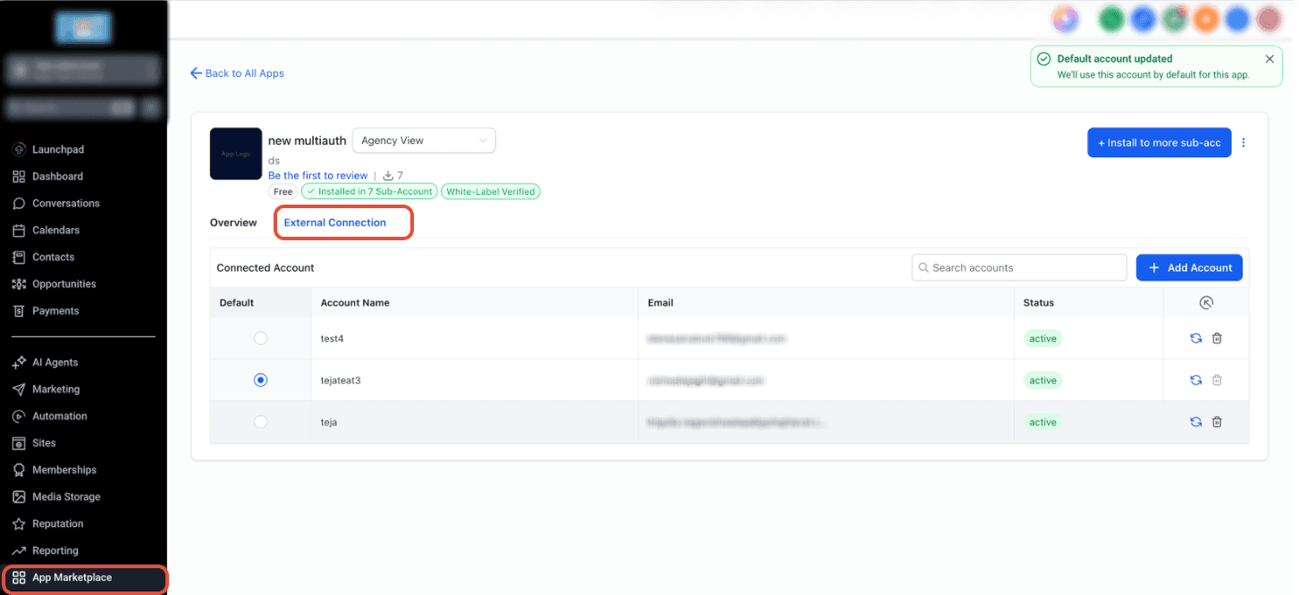 Schermata 1 — Supporto Multi-OAuth per le App del Marketplace