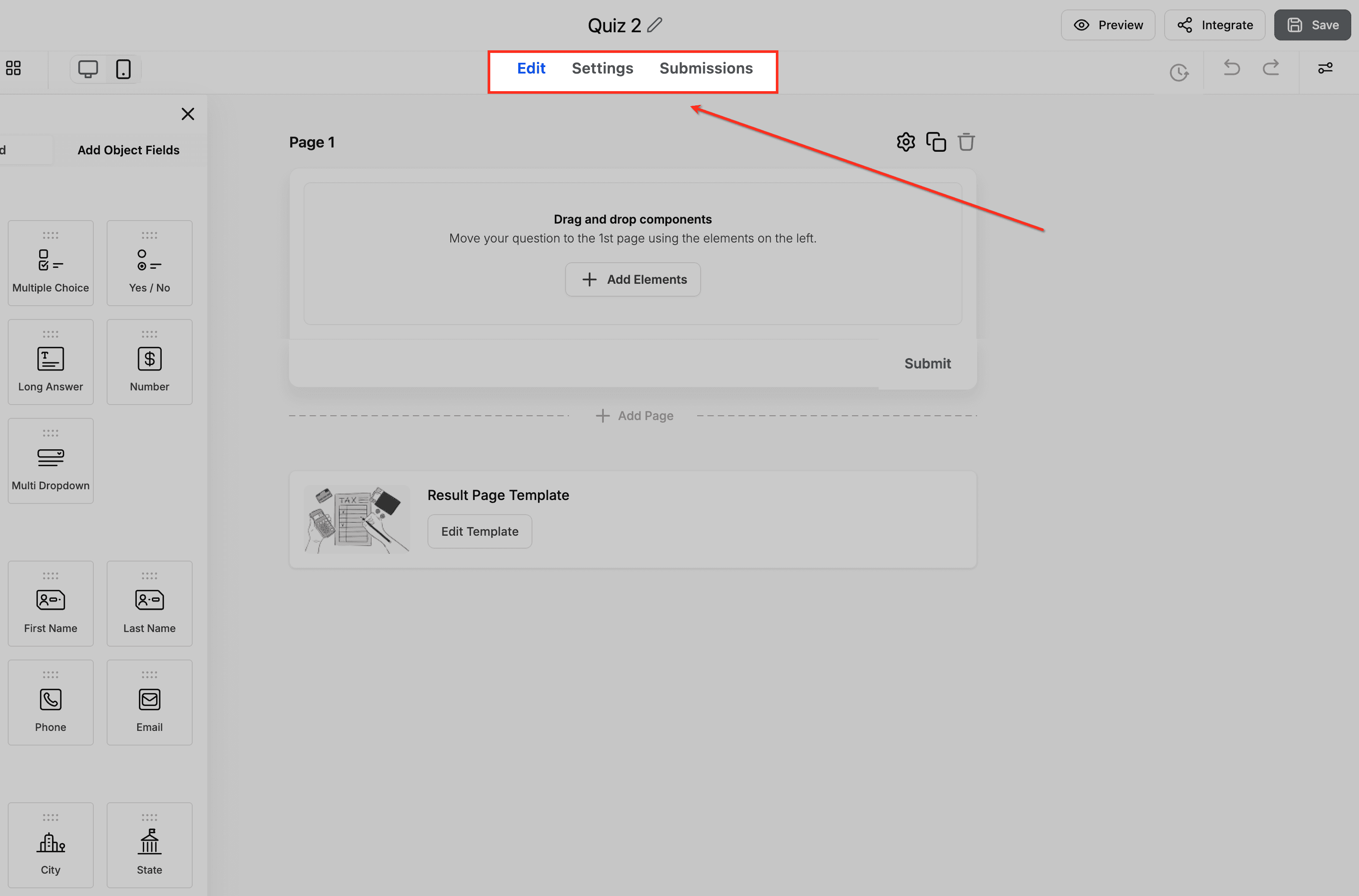 Schermata 1 — Guida al Quiz Builder