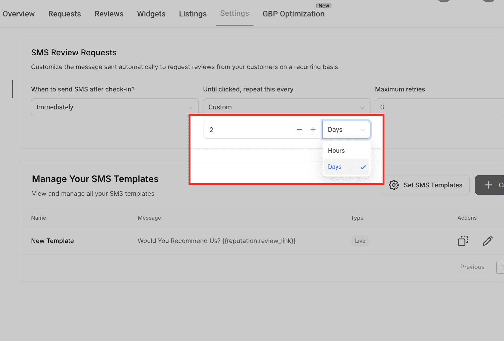 Schermata 6 — Come personalizzare le richieste di recensione con template SMS personalizzati