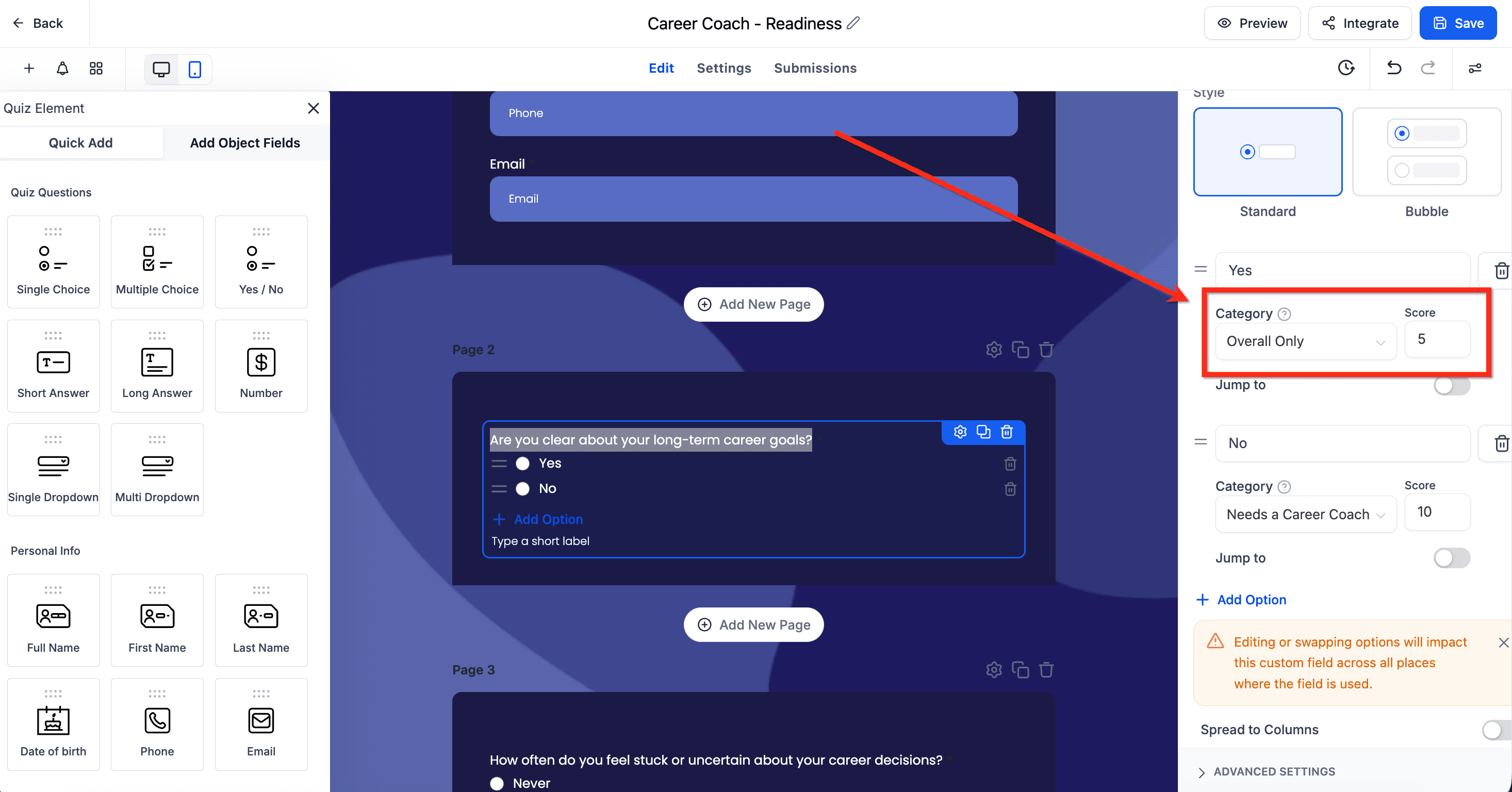 Schermata 3 — Guida al Quiz Builder