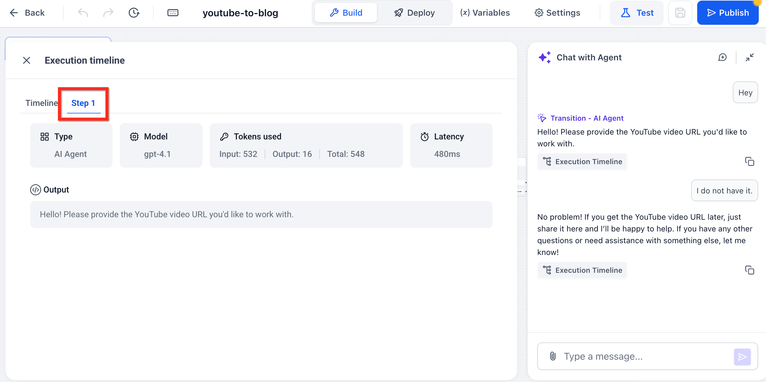 Schermata 4 — Come testare e fare debug delle conversazioni AI in Agent Studio