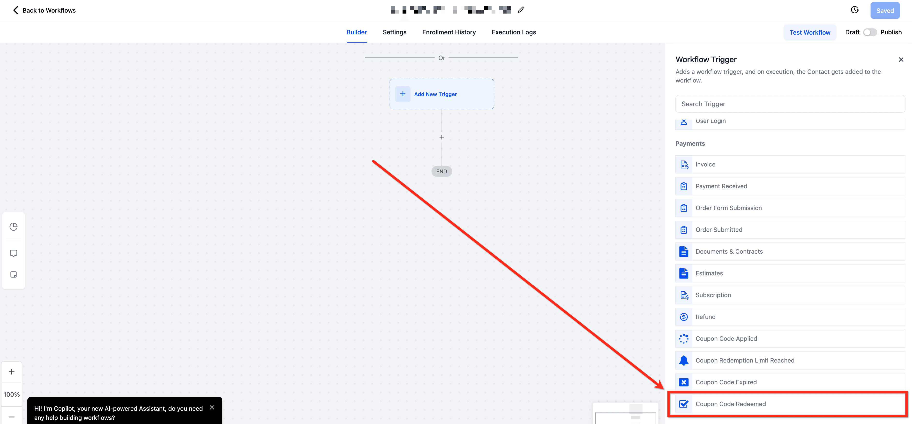 Schermata 2 — Workflow Trigger - Codice Coupon Riscattato