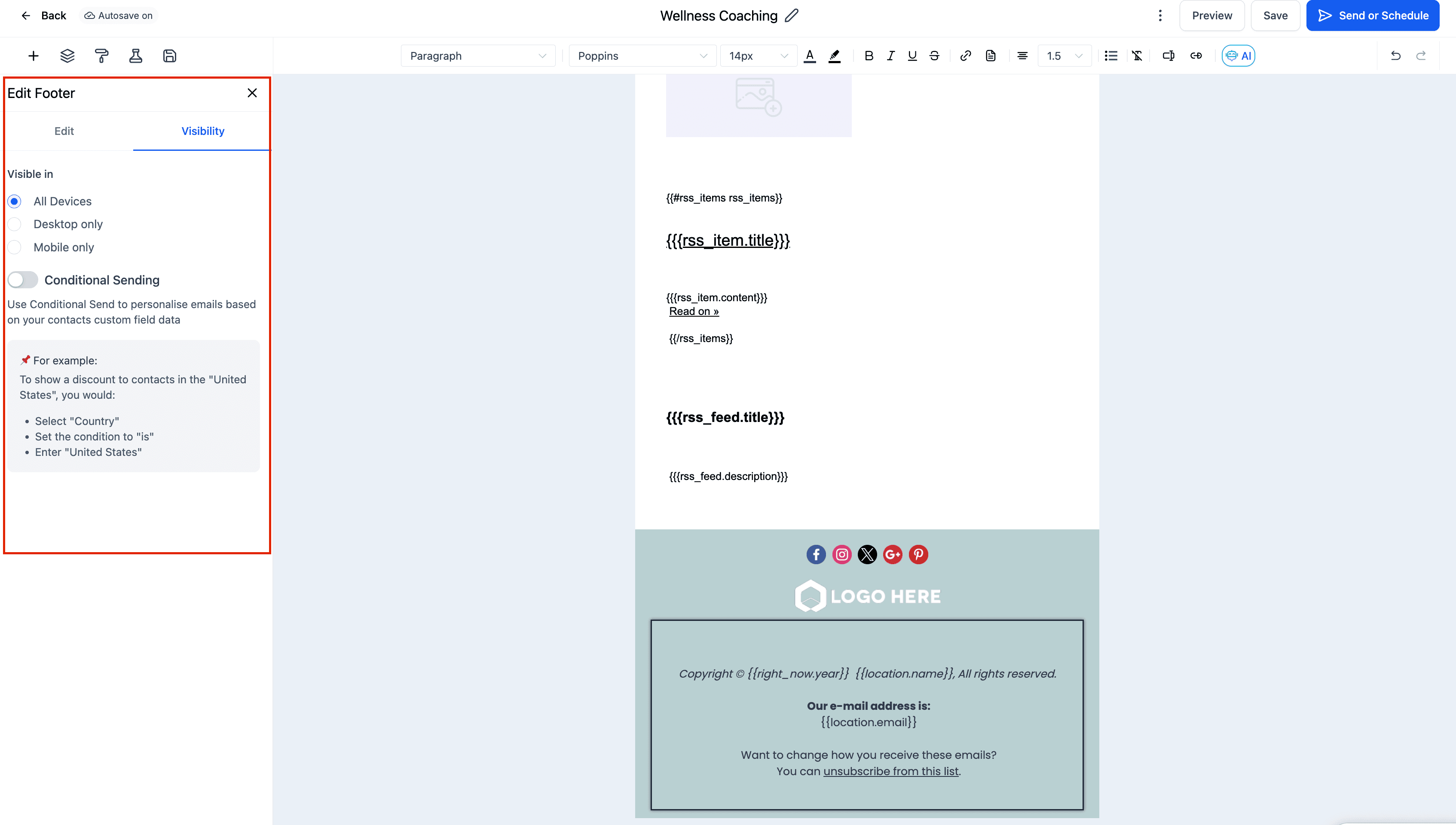 Schermata 5 — Elemento Footer nell'Email Builder