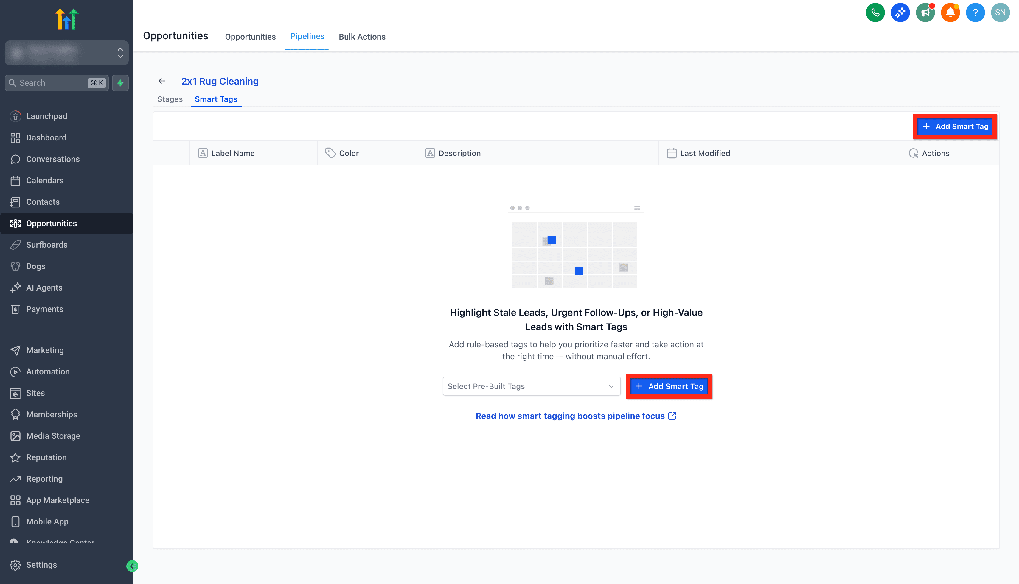 Schermata 4 — Come applicare colori alle Pipeline di Opportunità (Smart Tag)
