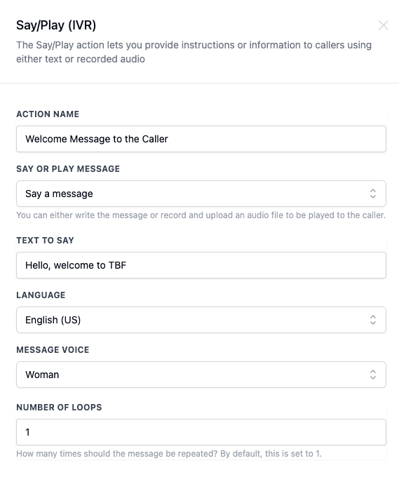 Schermata 1 — Azione Workflow - IVR Say/Play