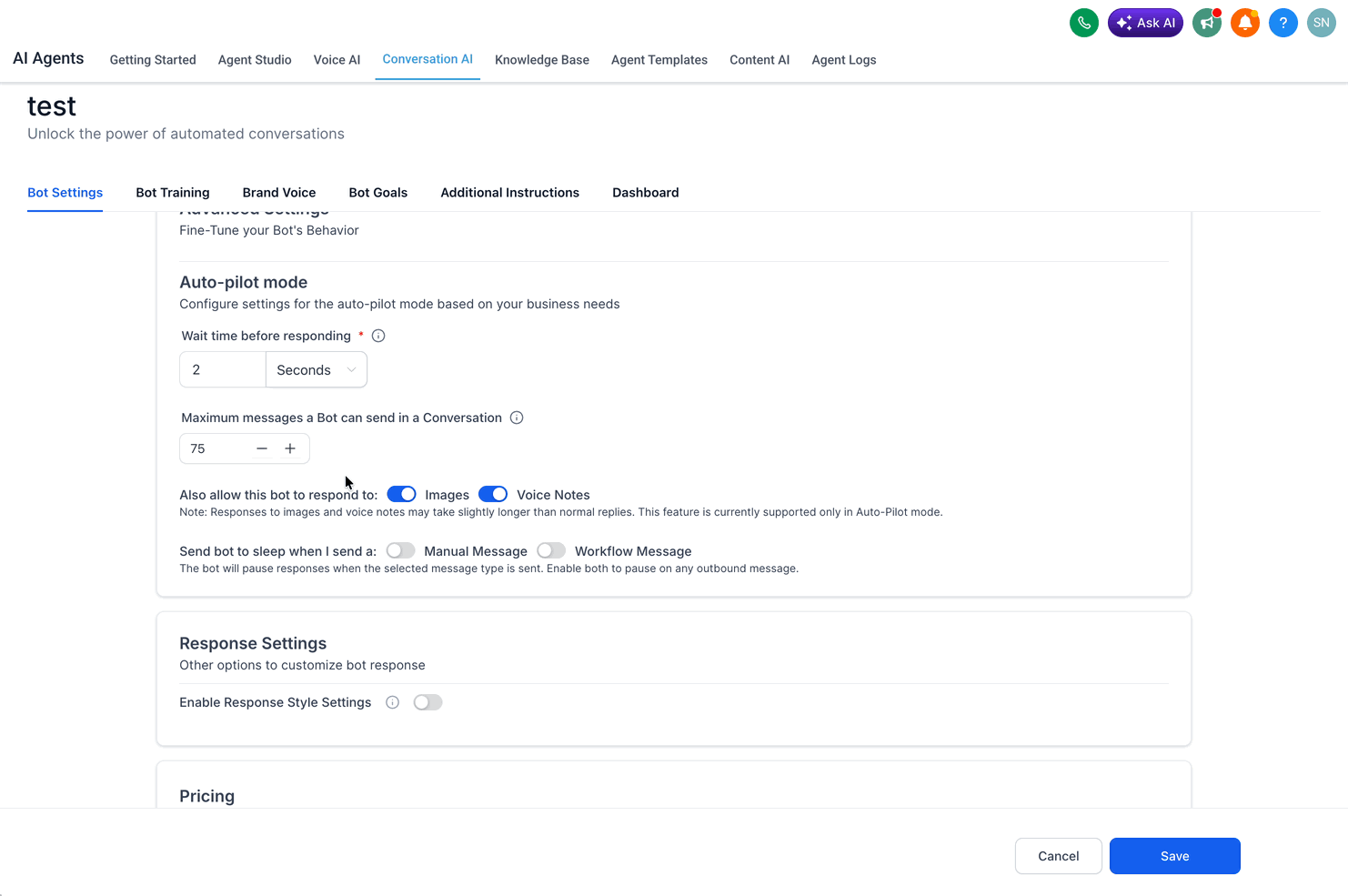 Schermata 6 — Conversation AI - Panoramica delle Impostazioni Avanzate