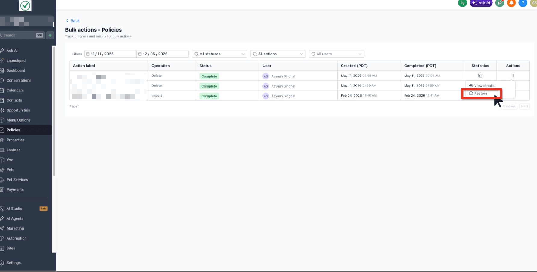 Schermata 7 — Eliminazione e Ripristino in Blocco di Record per Oggetti Personalizzati, Aziende e Task