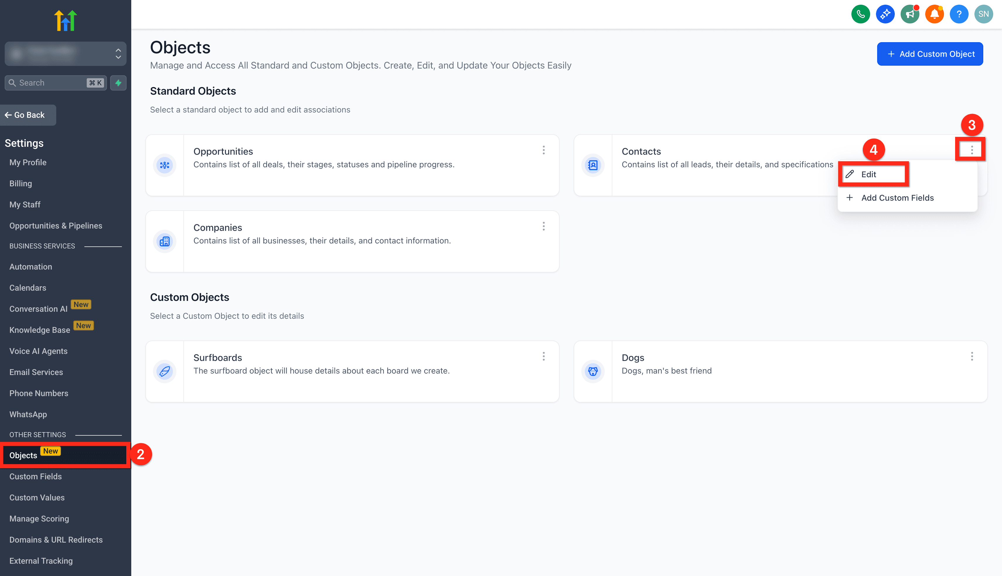 Schermata 2 — Come rinominare gli oggetti standard nel tuo CRM