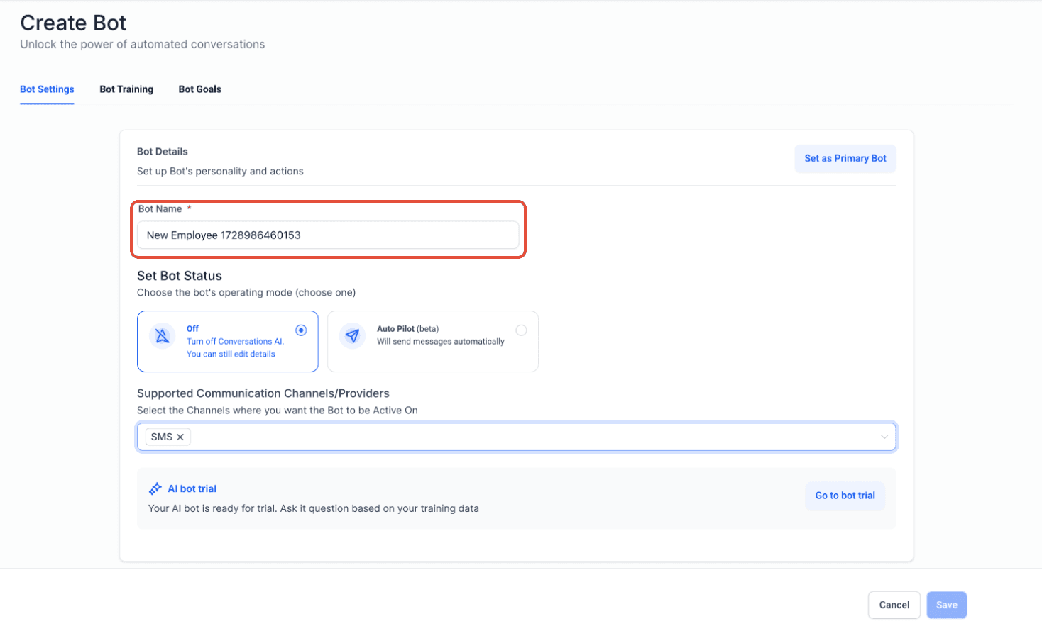 Schermata 1 — Attivare un Workflow all'interno di Conversation AI