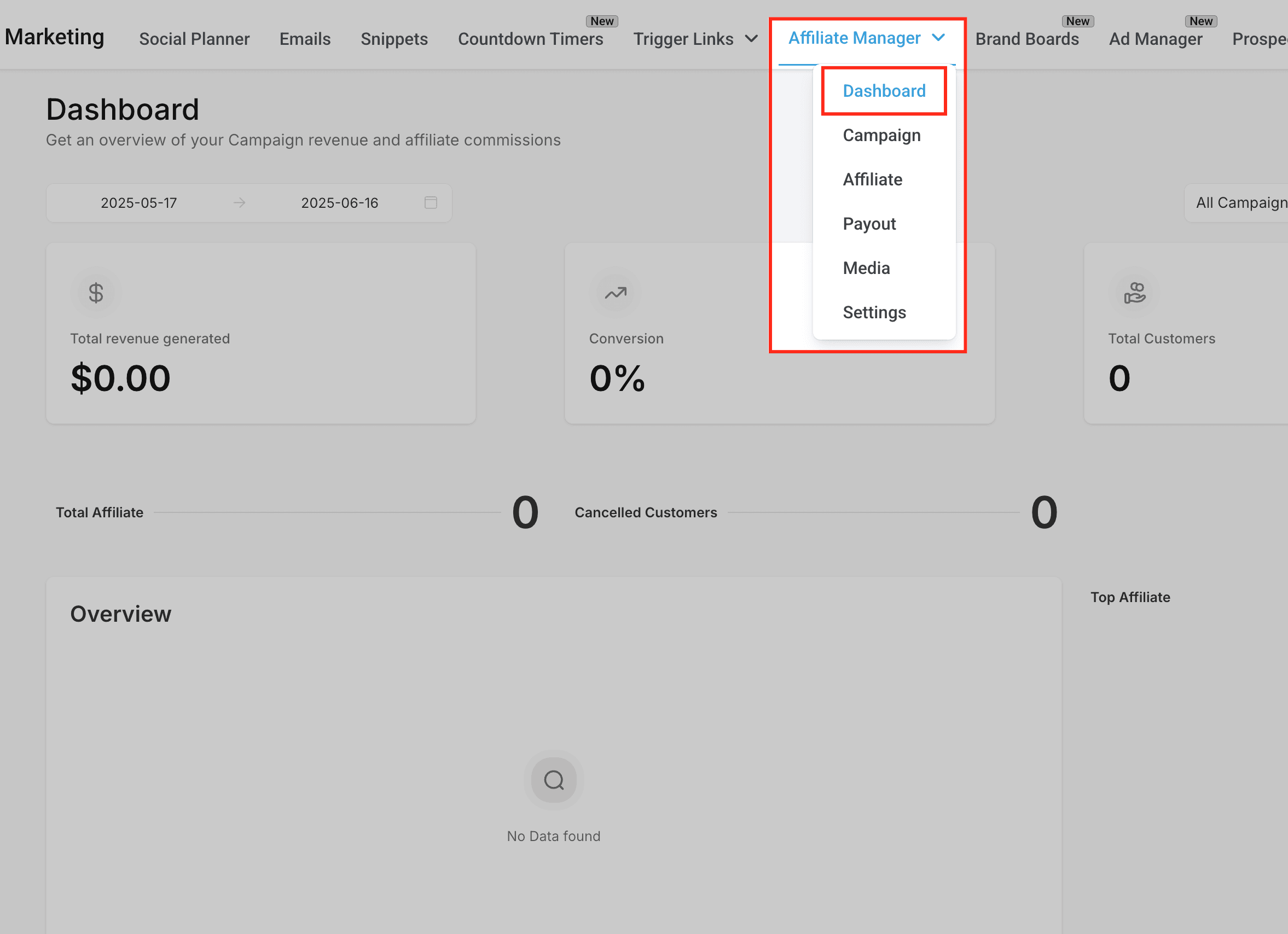 Schermata 4 — Affiliate Manager Sub Account: Azioni Collettive per le Commissioni degli Affiliati