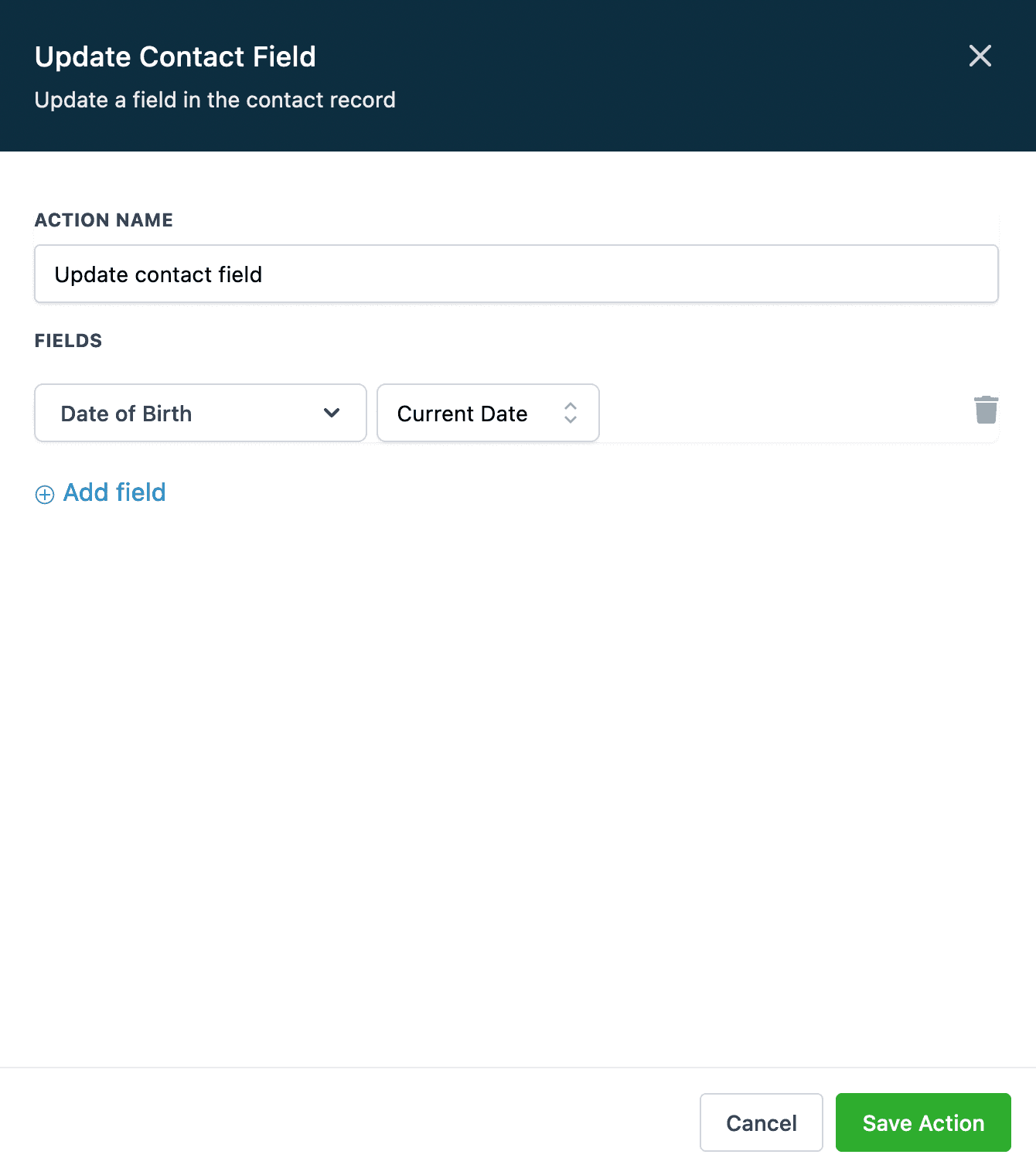 Schermata 3 — Azione Workflow - Aggiorna Campo Contatto - Campo tipo Data