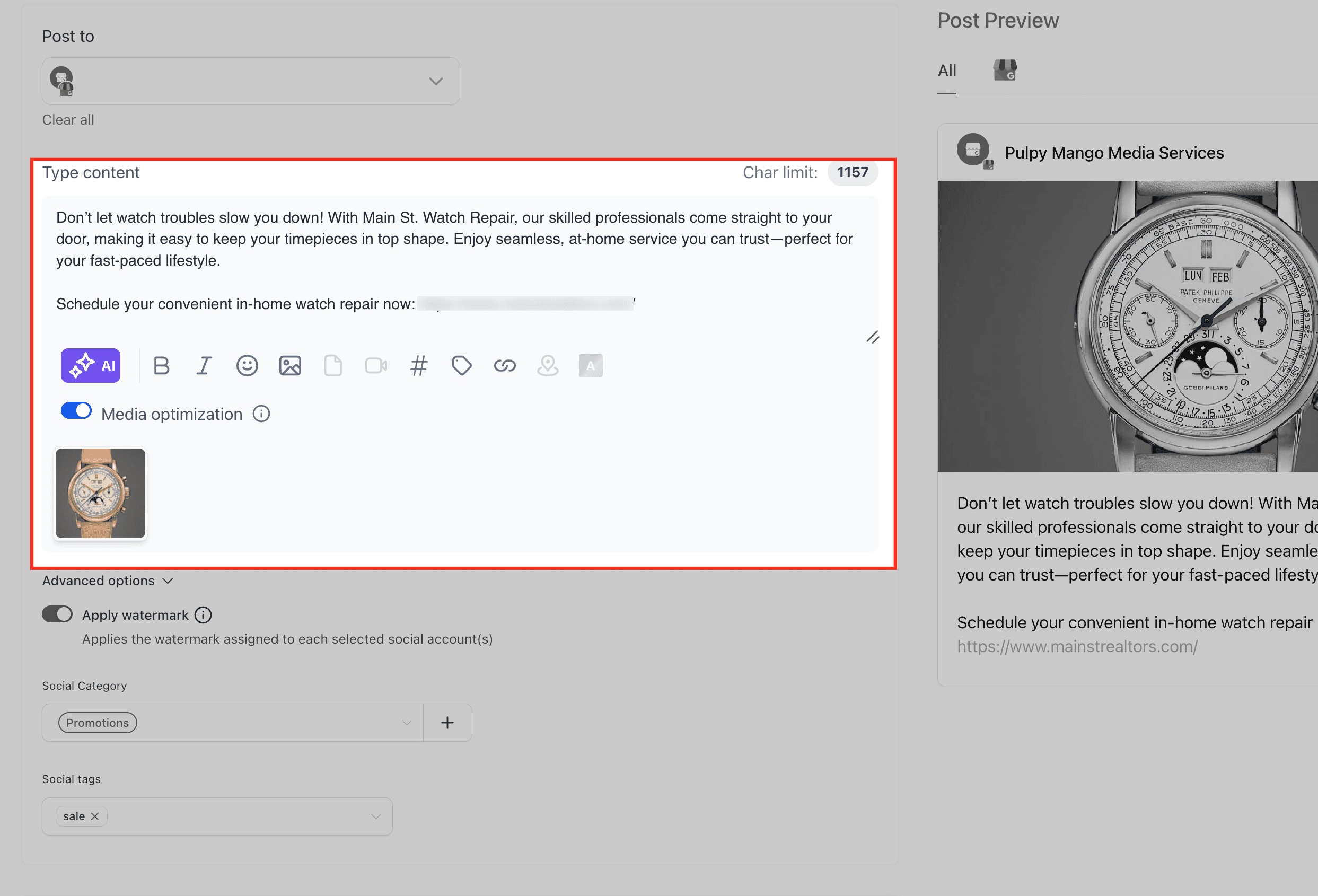 Schermata 3 — Come usare la funzione Modifica con Ask AI nel Social Planner