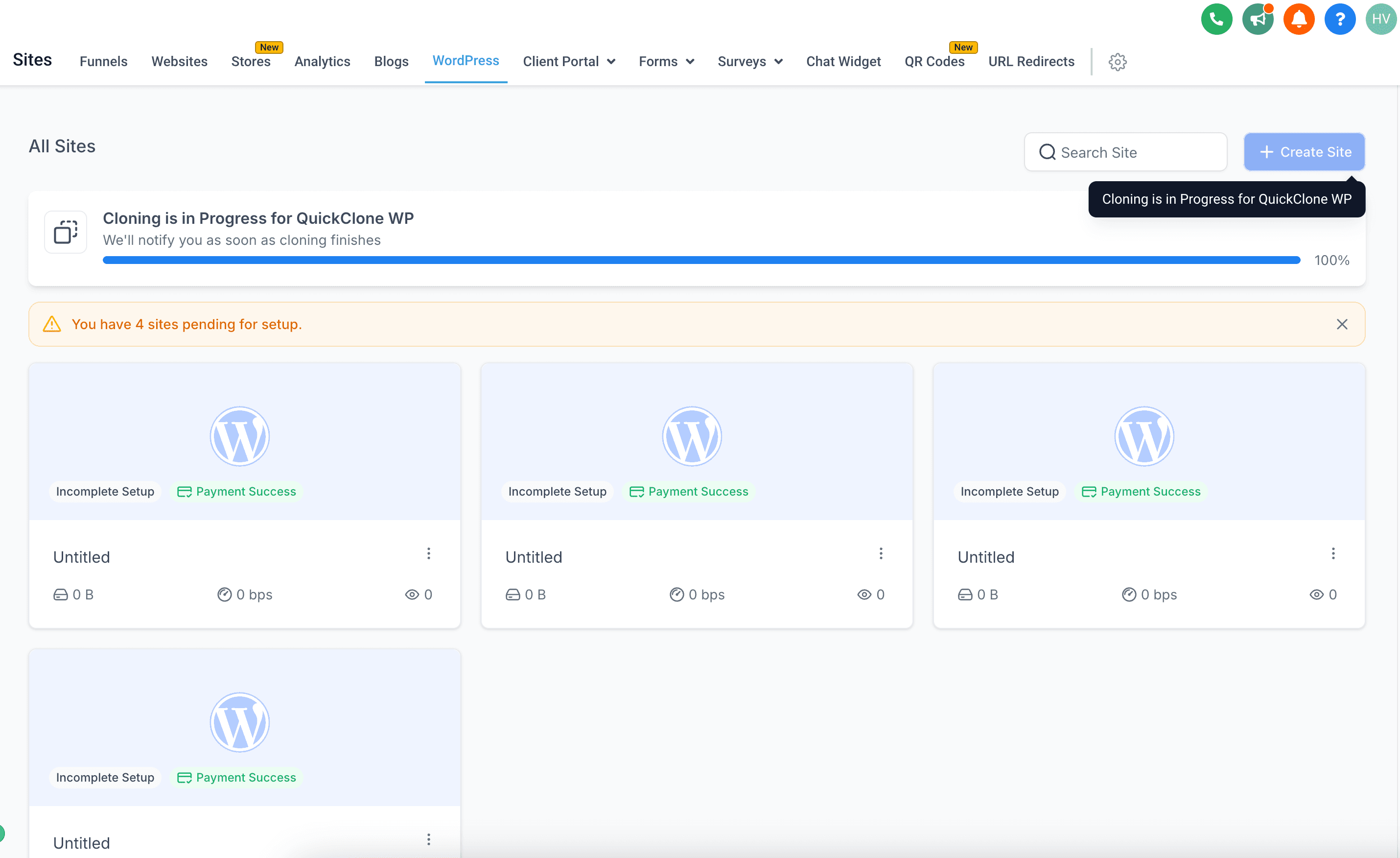 Schermata del sito clonato nella dashboard