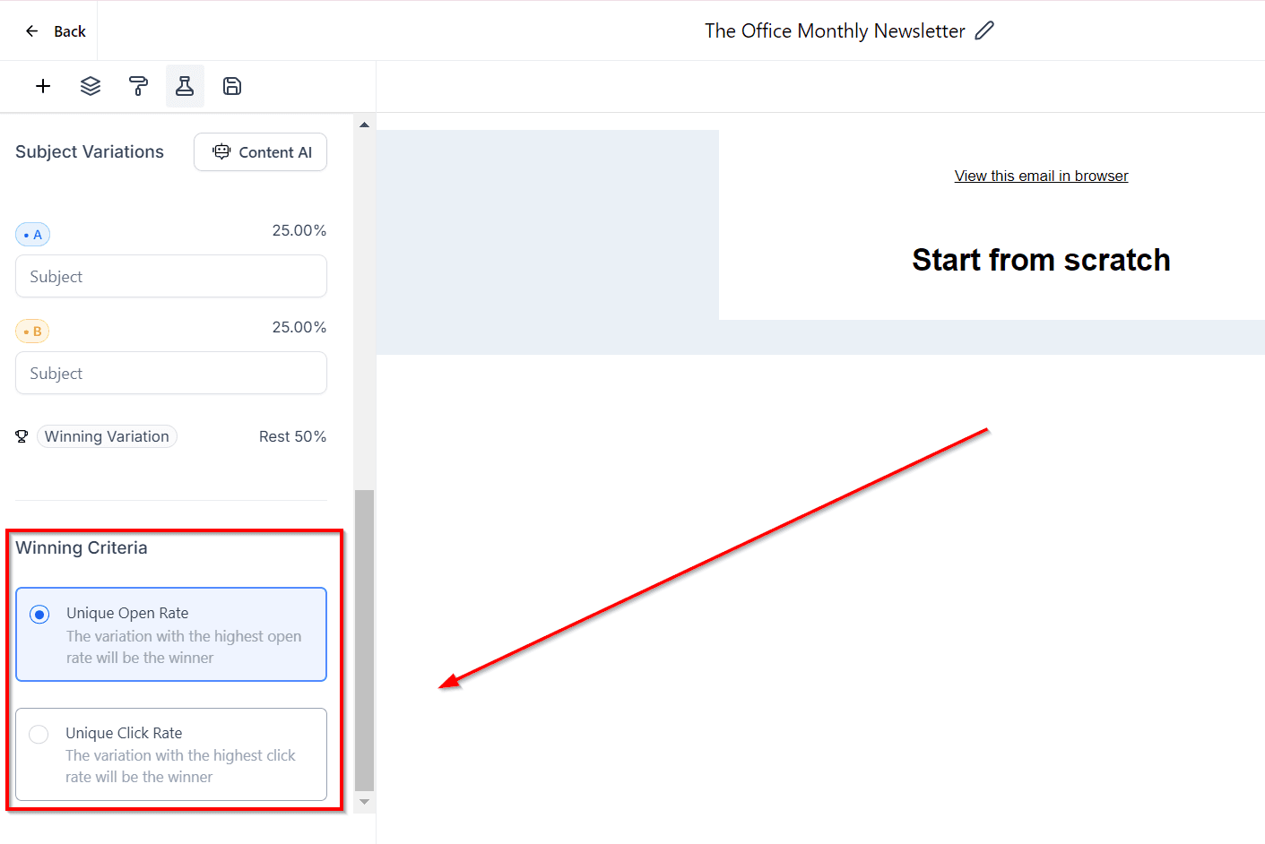 Schermata 6 — Come configurare l'A/B testing per le tue Campaign email