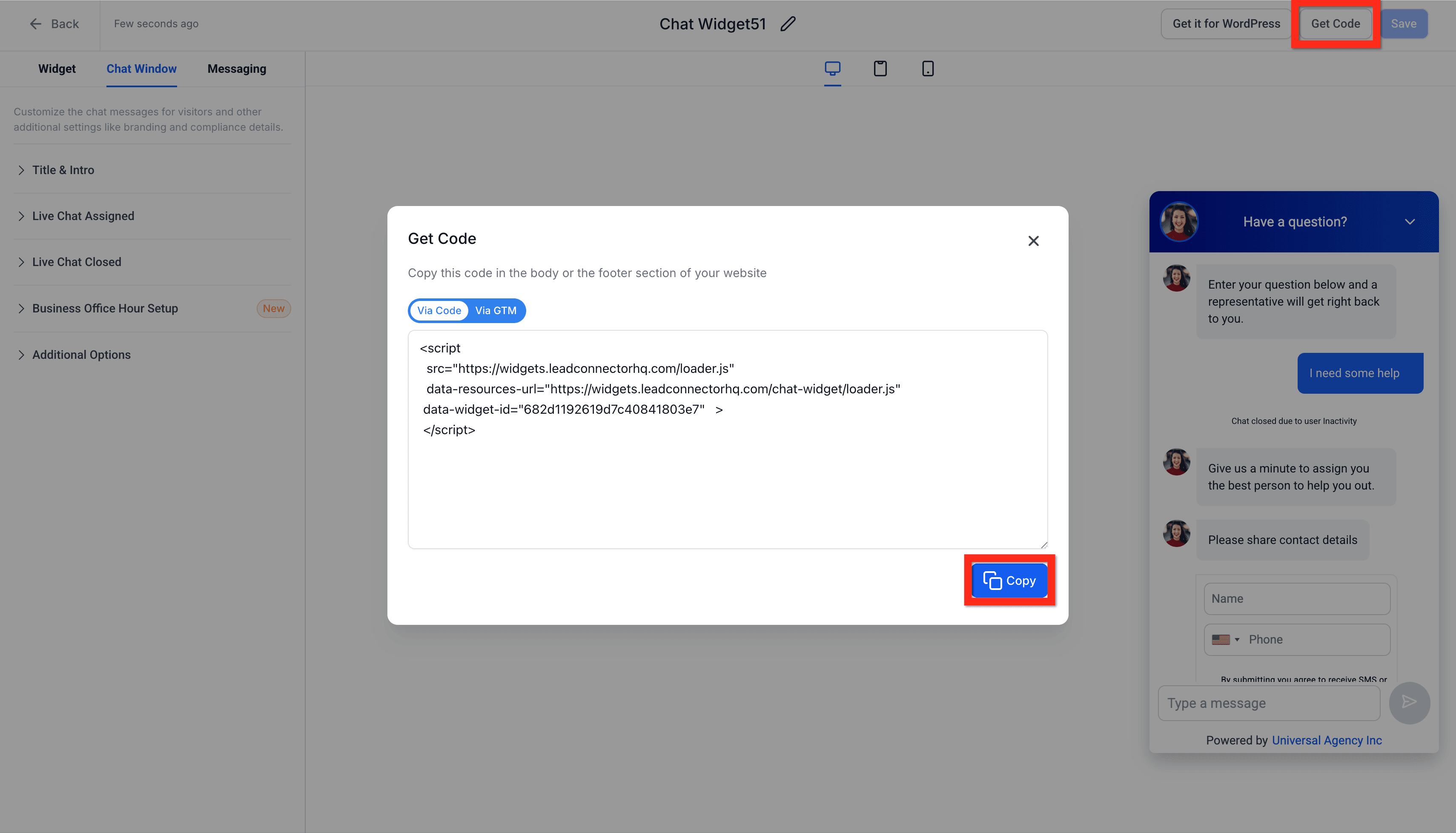 Schermata 3 — Inizia con HITLEAD - Configura il Chat Widget Live