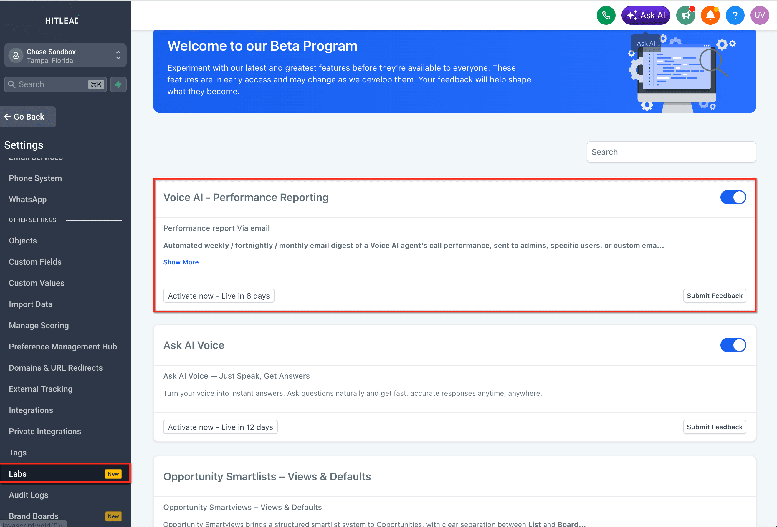 Schermata 1 — Report sulle Prestazioni di Voice AI