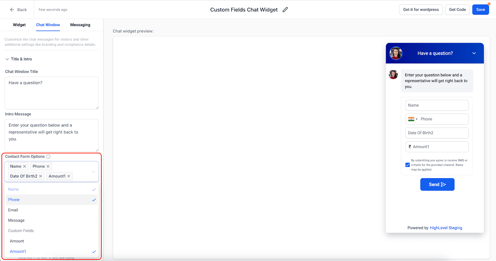 Schermata 2 — Aggiungere Campi Personalizzati nel Modulo Contatto del Chat Widget