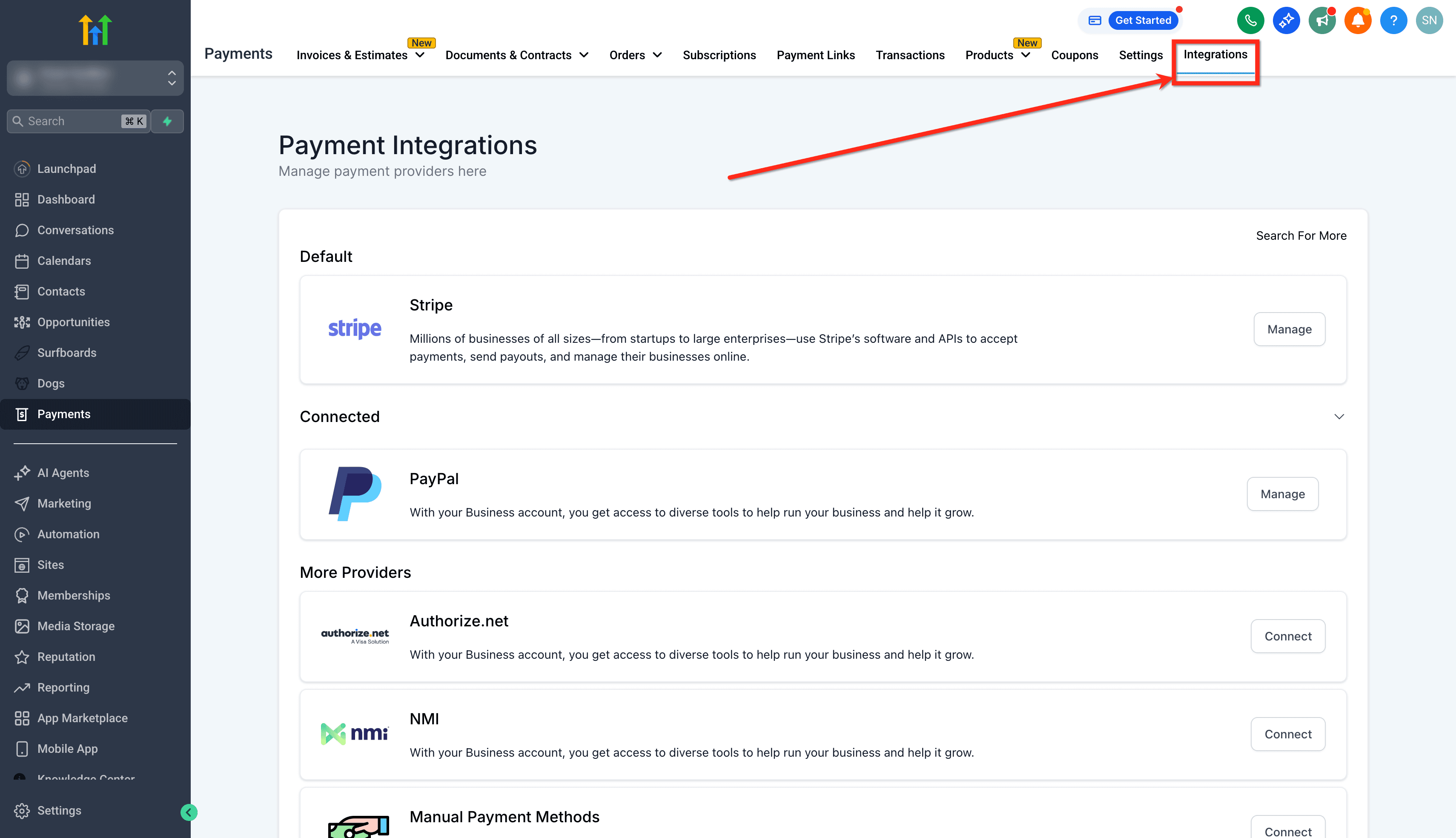 Schermata 2 — Come gestire i metodi di pagamento Stripe in HITLEAD