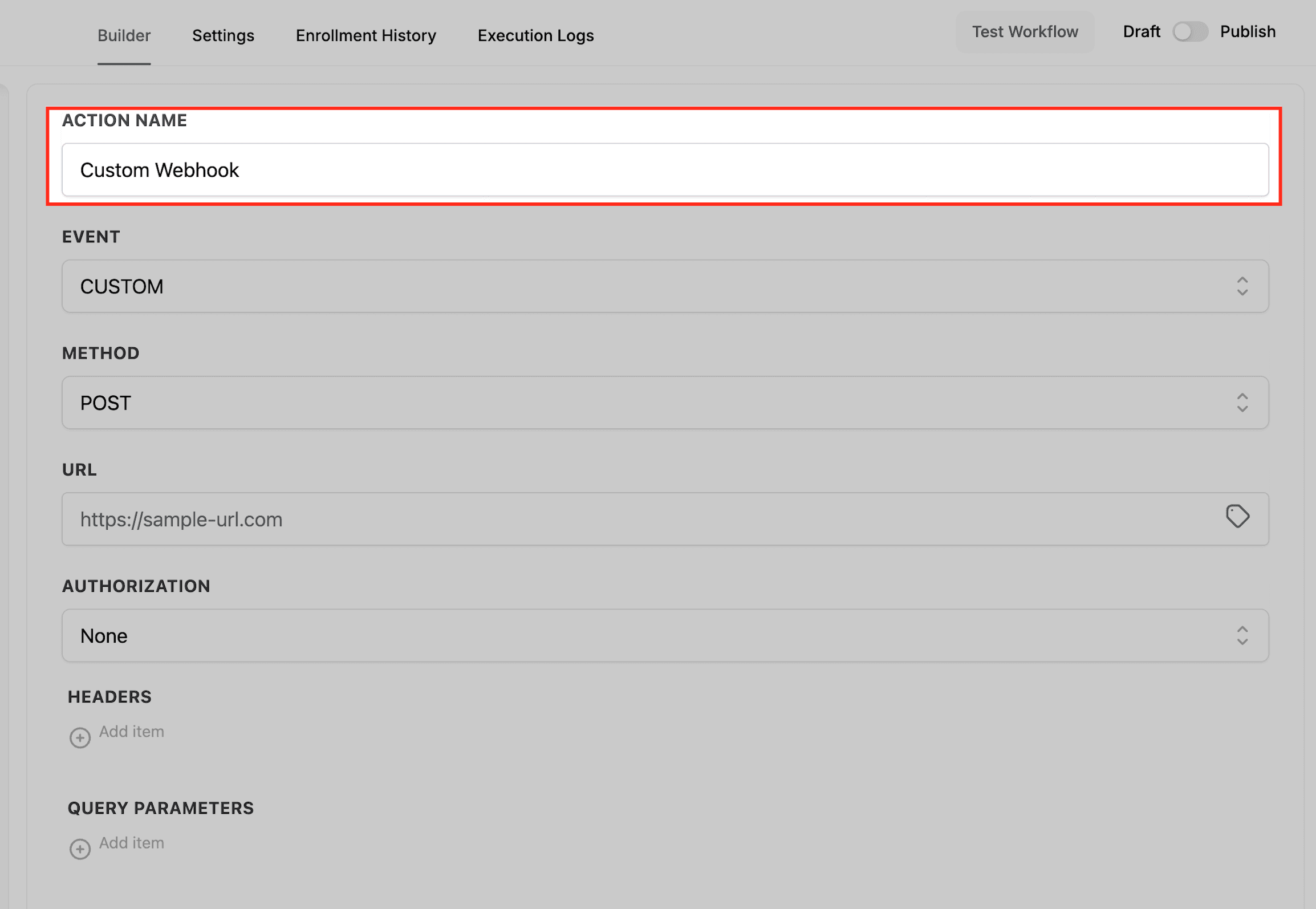 Schermata 3 — Azione Workflow - Custom Webhook