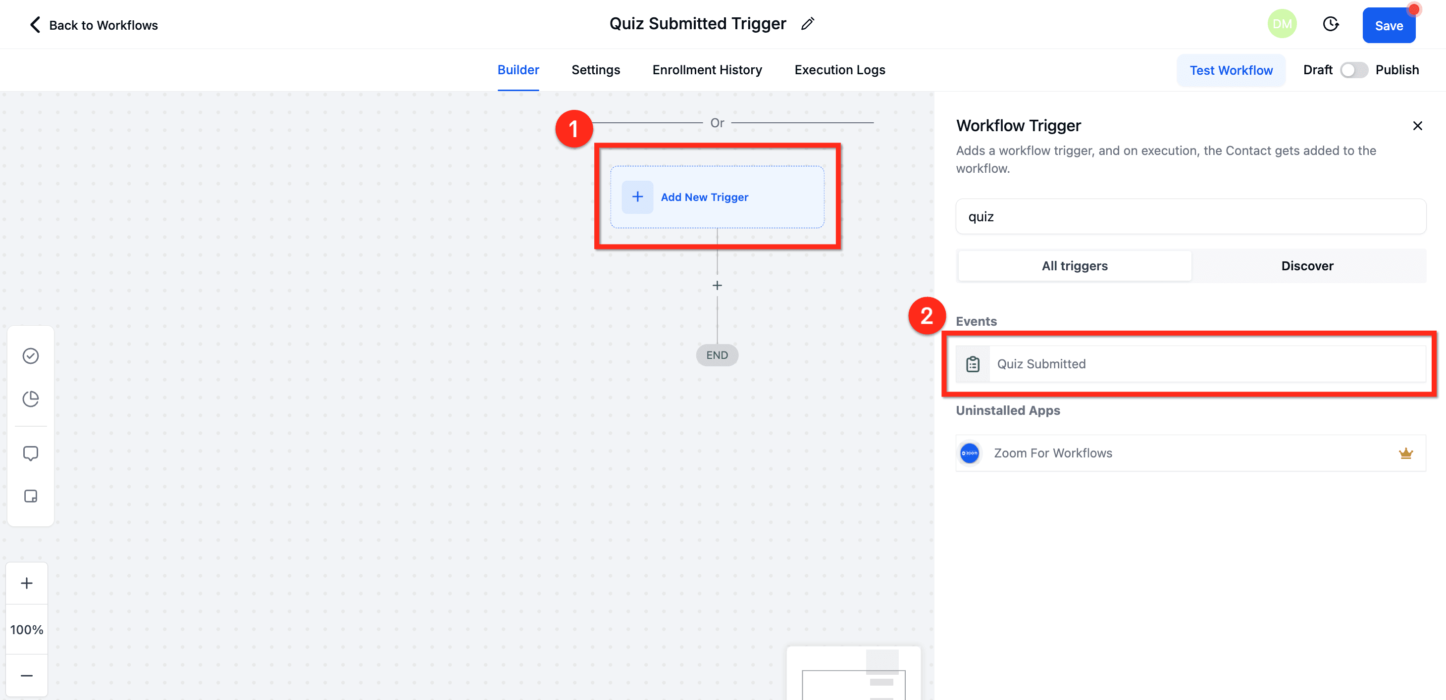 Schermata 2 — Workflow Trigger - Quiz Submitted
