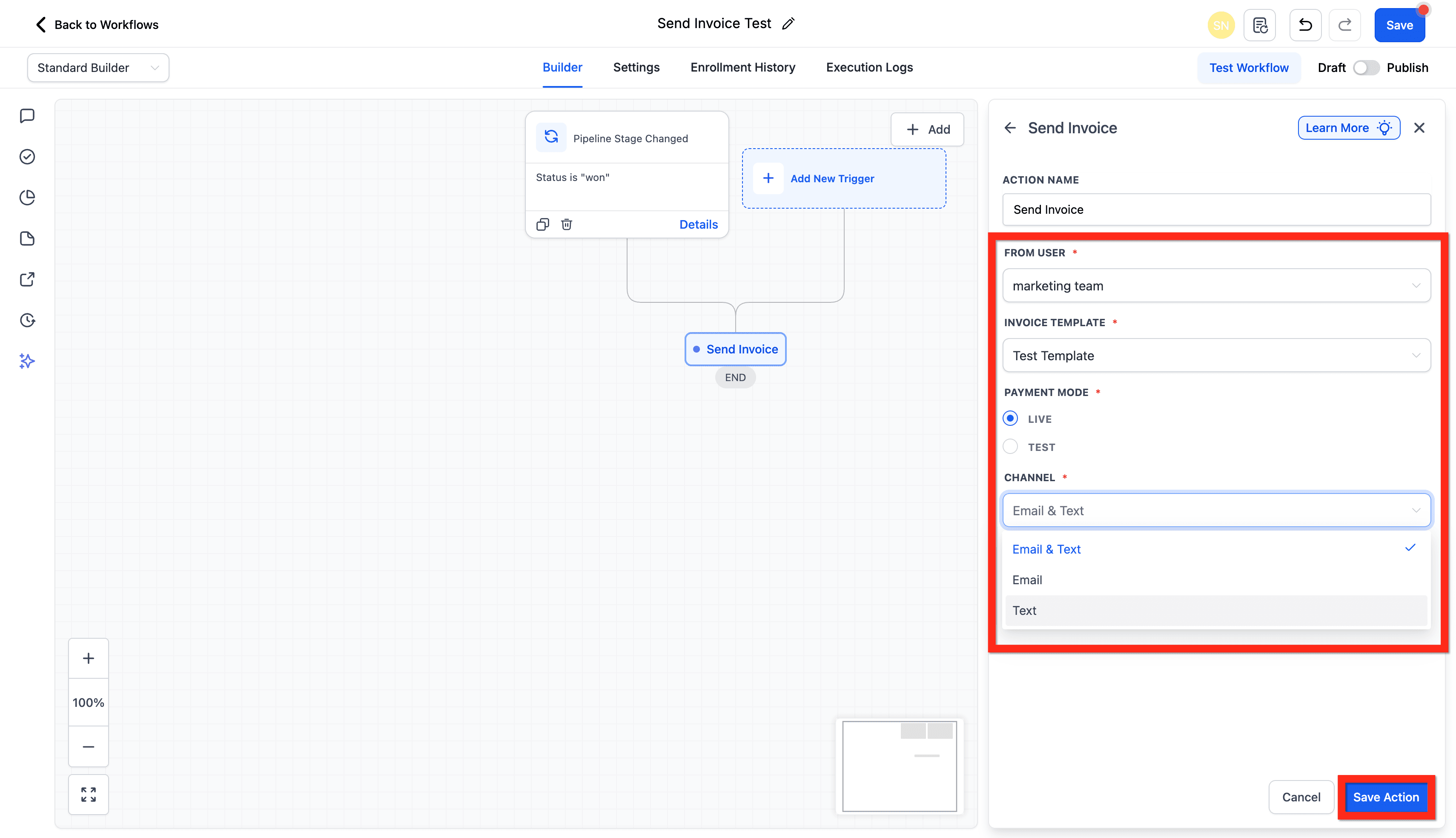 Schermata 5 — Azione Workflow - Invia Fattura
