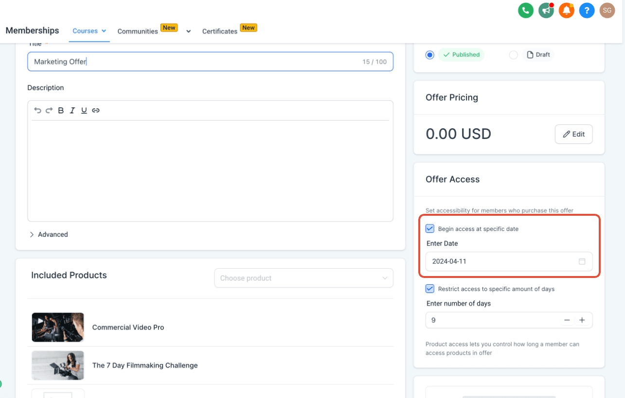 Schermata 2 — Durata dell'offerta: imposta una data di scadenza o una data di inizio per l'offerta