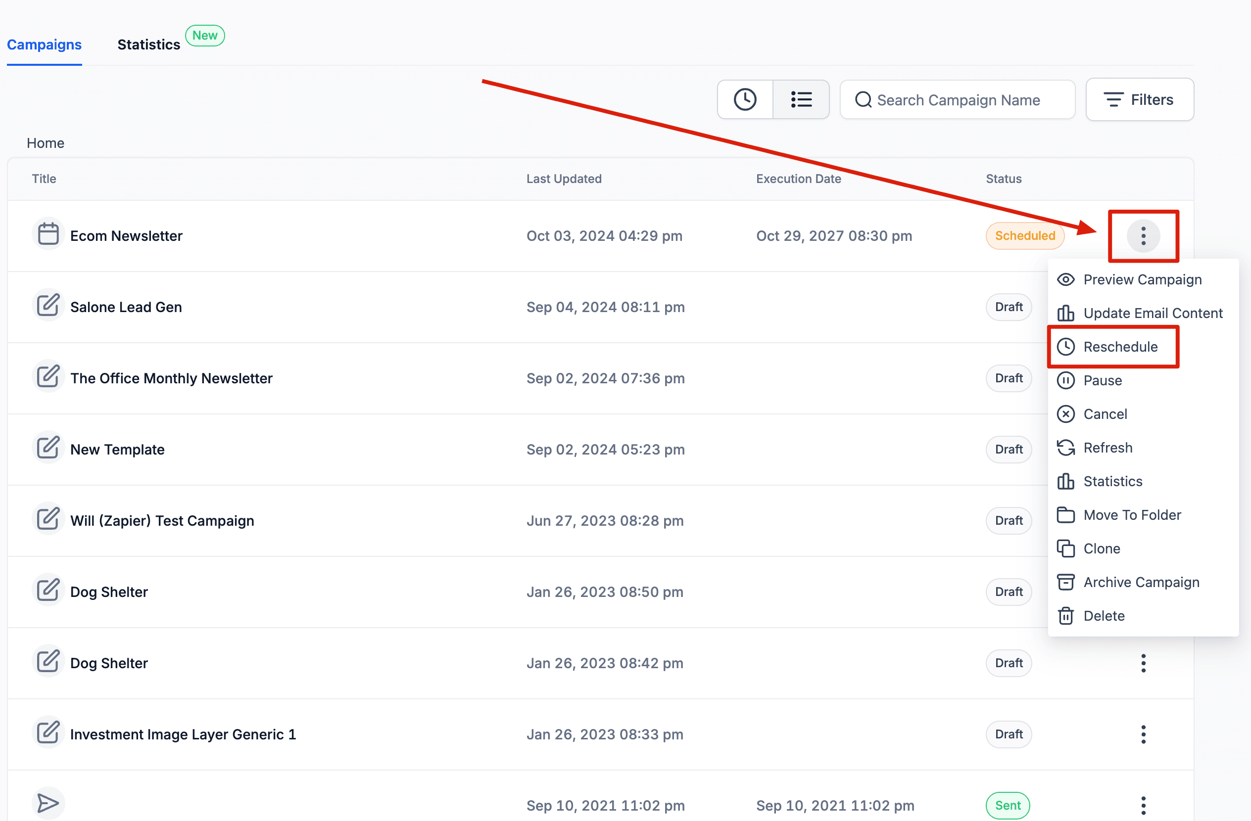 Schermata 1 — Come riprogrammare una Email Campaign (Email Builder)