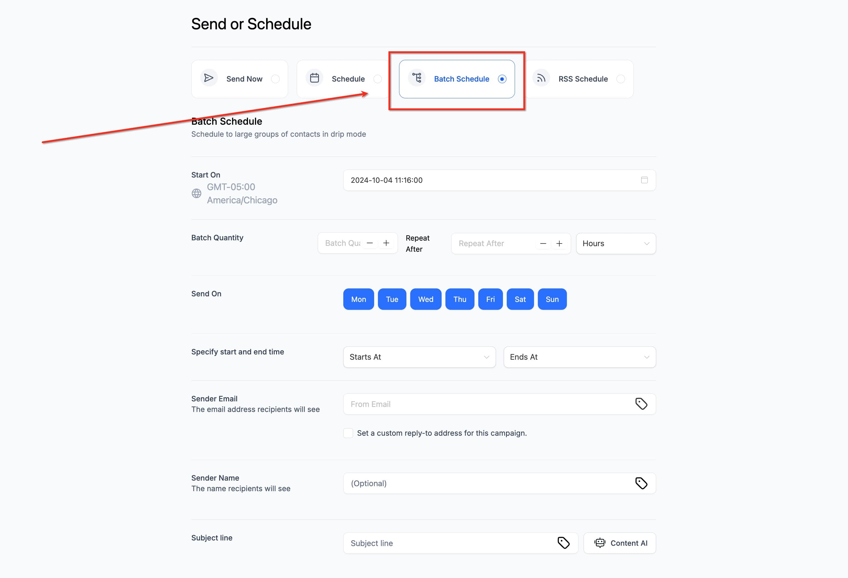 Schermata 3 — Metodi di Invio/Consegna Email - Send Now, Schedule, Batch, RSS Schedule