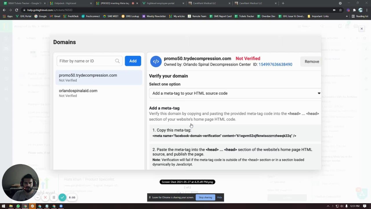 Schermata 1 — Verifica del dominio Facebook tramite Meta Tag
