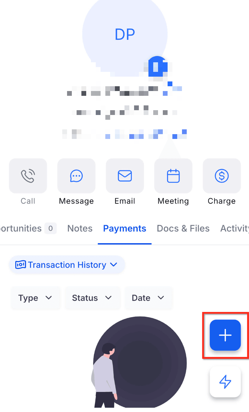 Schermata 3 — Tab Pagamenti in Contatti e Opportunità su Mobile